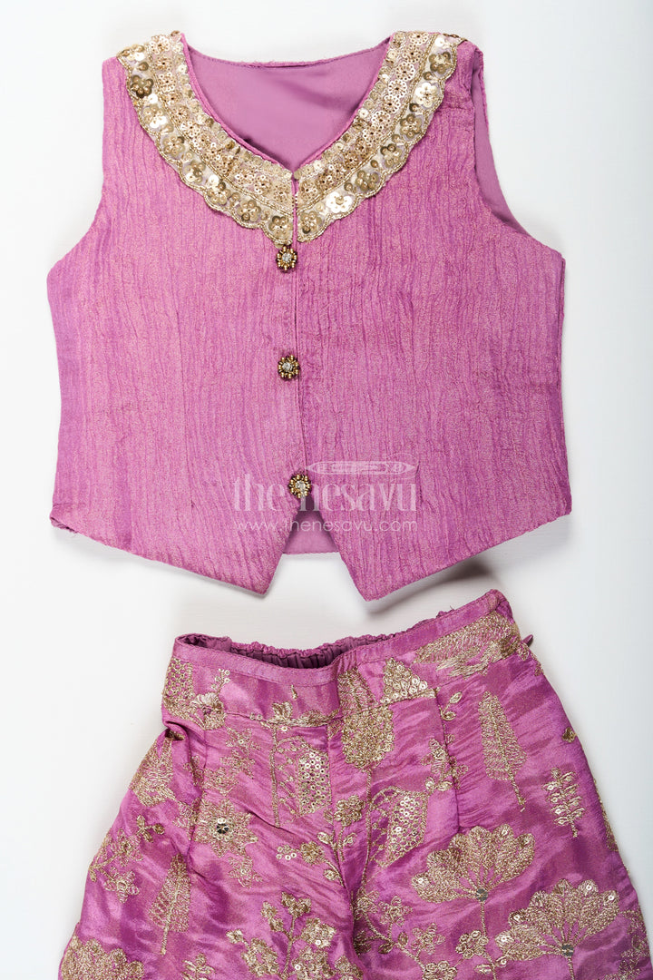 The Nesavu Girls Sharara / Plazo Set Girls Party Wear Sharara with Crop Top in Blended Silk Featuring Zari Thread Embroidery and Sequins Nesavu Girls Party Wear Sharara Crop Top Set in Blended Silk with Zari and Sequin Embroidery | The Nesavu