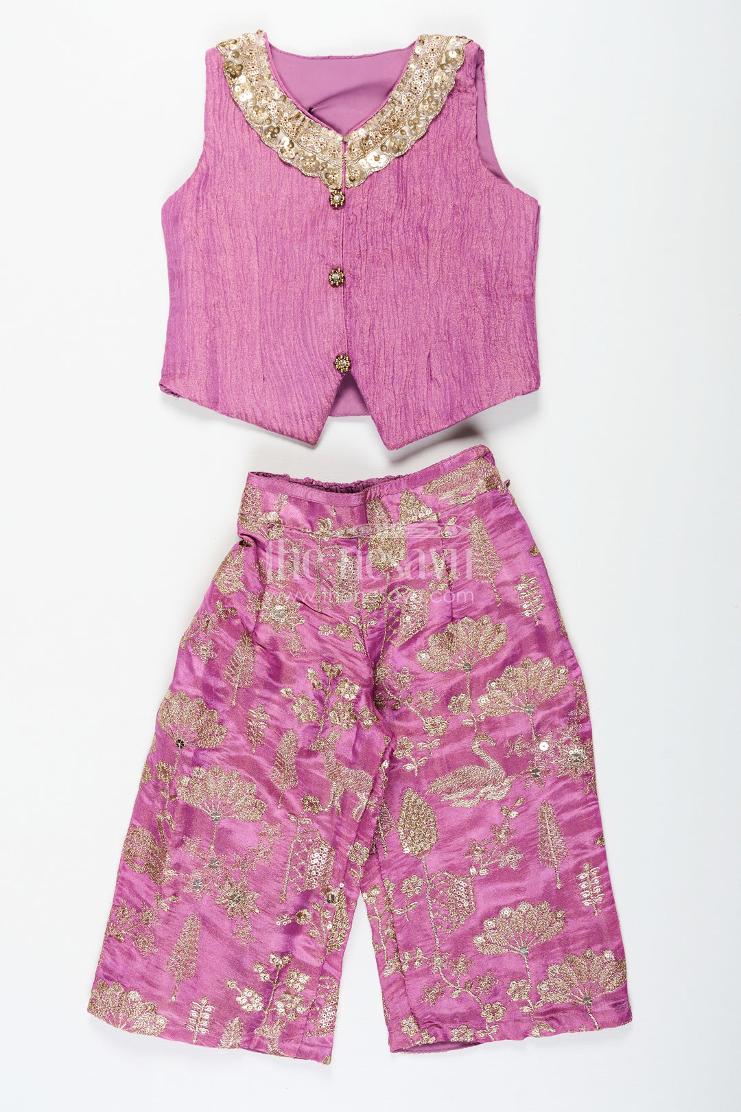 The Nesavu Girls Sharara / Plazo Set Girls Party Wear Sharara with Crop Top in Blended Silk Featuring Zari Thread Embroidery and Sequins Nesavu Girls Party Wear Sharara Crop Top Set in Blended Silk with Zari and Sequin Embroidery | The Nesavu