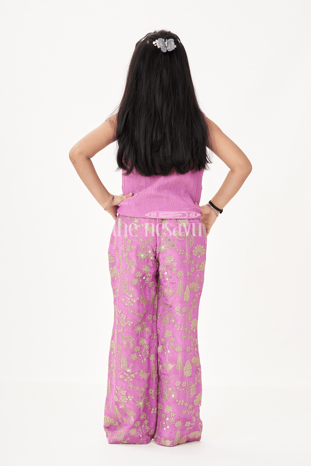 The Nesavu Girls Sharara / Plazo Set Girls Party Wear Sharara with Crop Top in Blended Silk Featuring Zari Thread Embroidery and Sequins Nesavu Girls Party Wear Sharara Crop Top Set in Blended Silk with Zari and Sequin Embroidery | The Nesavu