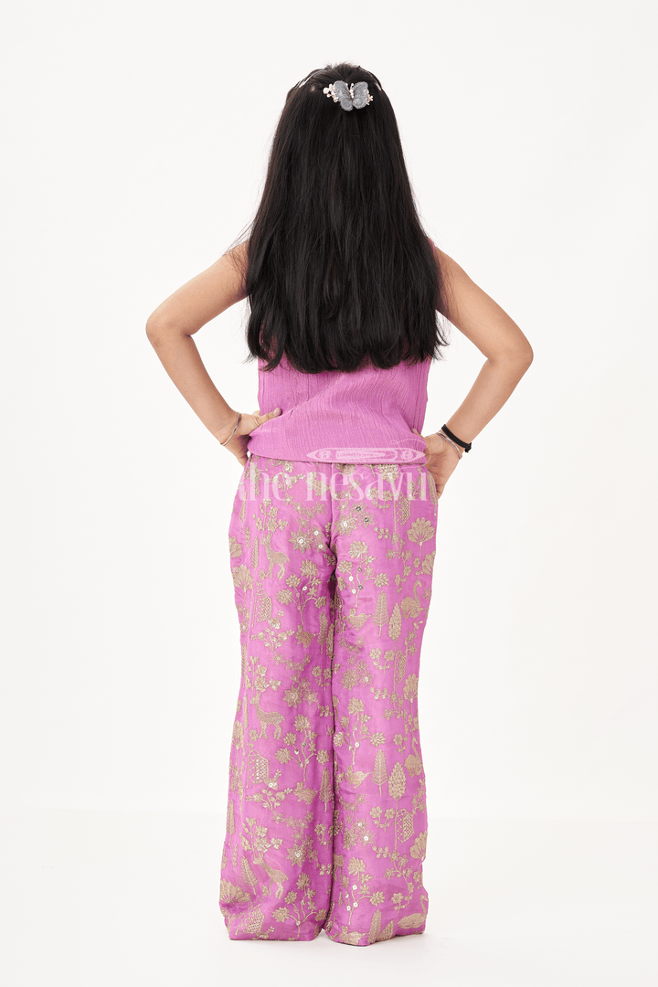 The Nesavu Girls Sharara / Plazo Set Girls Party Wear Sharara with Crop Top in Blended Silk Featuring Zari Thread Embroidery and Sequins Nesavu Girls Party Wear Sharara Crop Top Set in Blended Silk with Zari and Sequin Embroidery | The Nesavu