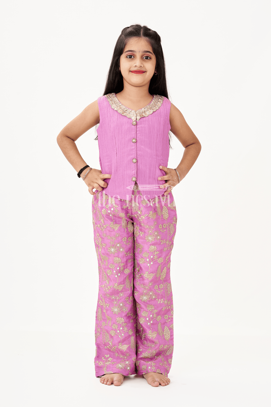 The Nesavu Girls Sharara / Plazo Set Girls Party Wear Sharara with Crop Top in Blended Silk Featuring Zari Thread Embroidery and Sequins Nesavu Girls Party Wear Sharara Crop Top Set in Blended Silk with Zari and Sequin Embroidery | The Nesavu