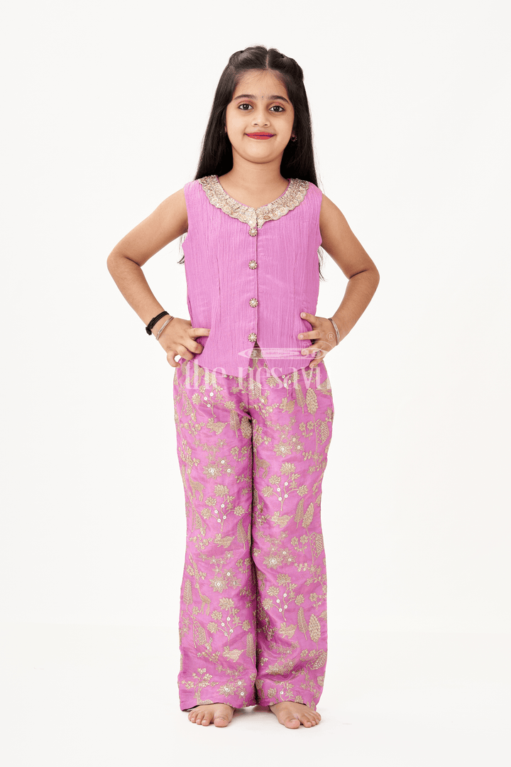 The Nesavu Girls Sharara / Plazo Set Girls Party Wear Sharara with Crop Top in Blended Silk Featuring Zari Thread Embroidery and Sequins Nesavu Girls Party Wear Sharara Crop Top Set in Blended Silk with Zari and Sequin Embroidery | The Nesavu