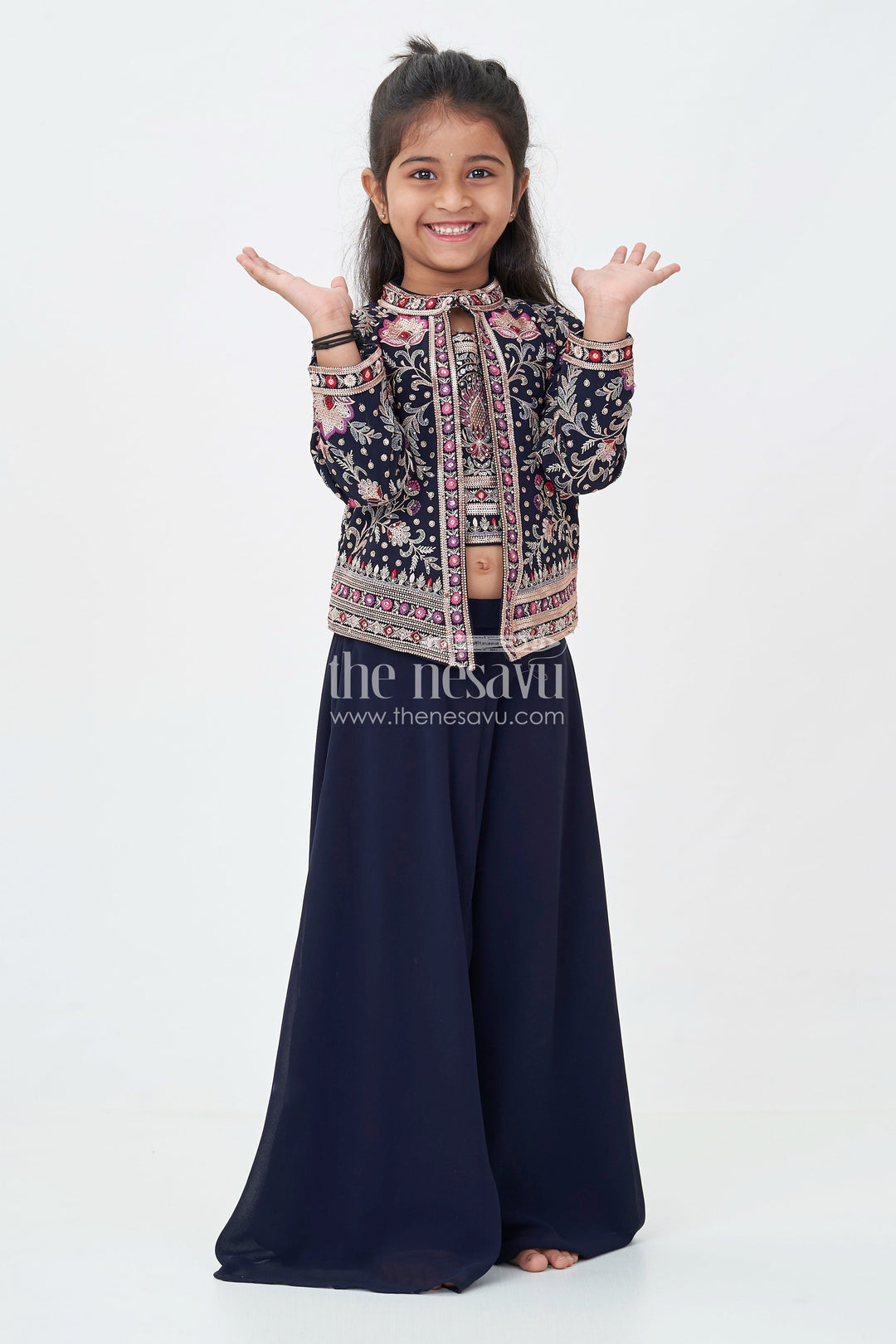 The Nesavu Girls Sharara / Plazo Set Girls Party Wear Western Dresses in Georgette with Designer Embroidered Jacket and Wide Leg Plazo Nesavu 24 (5Y) / Blue GPS614A-24 Girls Western Party Wear Georgette Dress Embroidered Jacket Palazzo Pants | The Nesavu