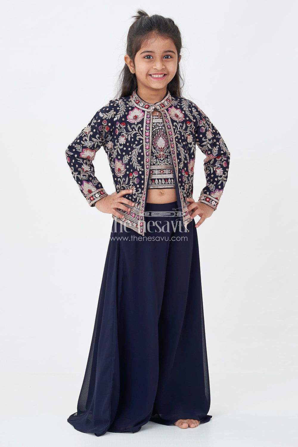 The Nesavu Girls Sharara / Plazo Set Girls Party Wear Western Dresses in Georgette with Designer Embroidered Jacket and Wide Leg Plazo Nesavu Girls Western Party Wear Georgette Dress Embroidered Jacket Palazzo Pants | The Nesavu