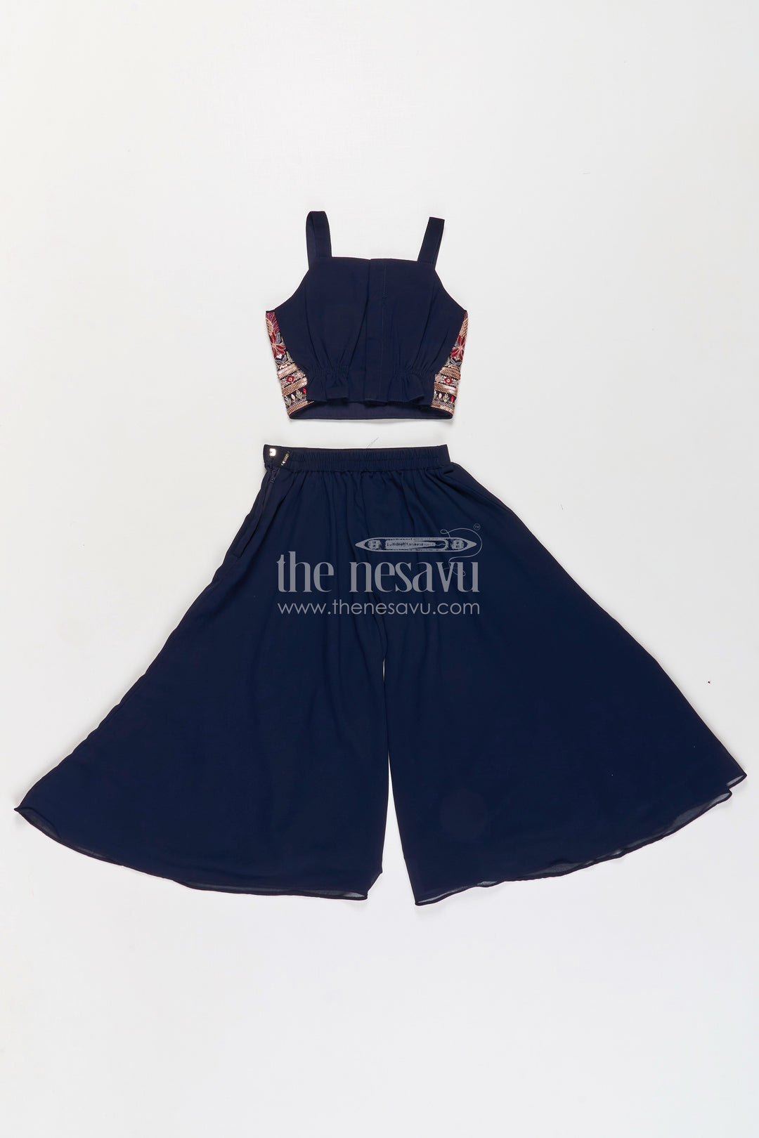 The Nesavu Girls Sharara / Plazo Set Girls Party Wear Western Dresses in Georgette with Designer Embroidered Jacket and Wide Leg Plazo Nesavu Girls Western Party Wear Georgette Dress Embroidered Jacket Palazzo Pants | The Nesavu