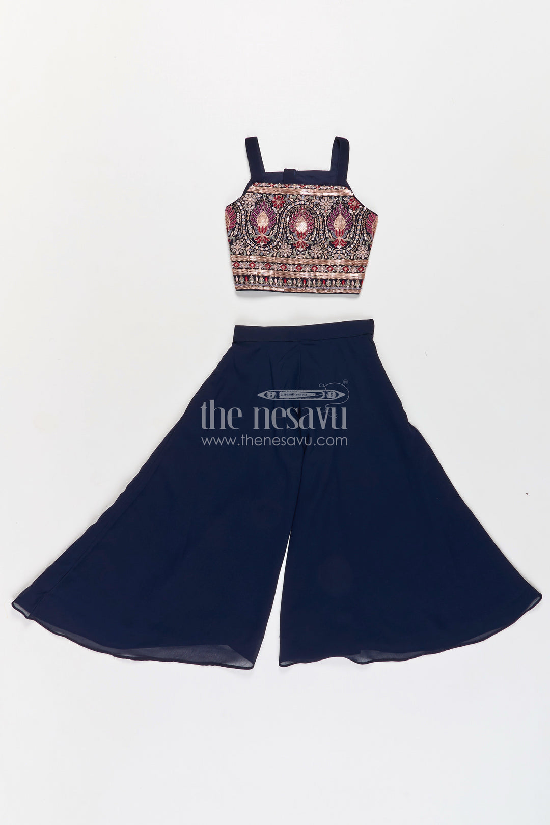 The Nesavu Girls Sharara / Plazo Set Girls Party Wear Western Dresses in Georgette with Designer Embroidered Jacket and Wide Leg Plazo Nesavu Girls Western Party Wear Georgette Dress Embroidered Jacket Palazzo Pants | The Nesavu