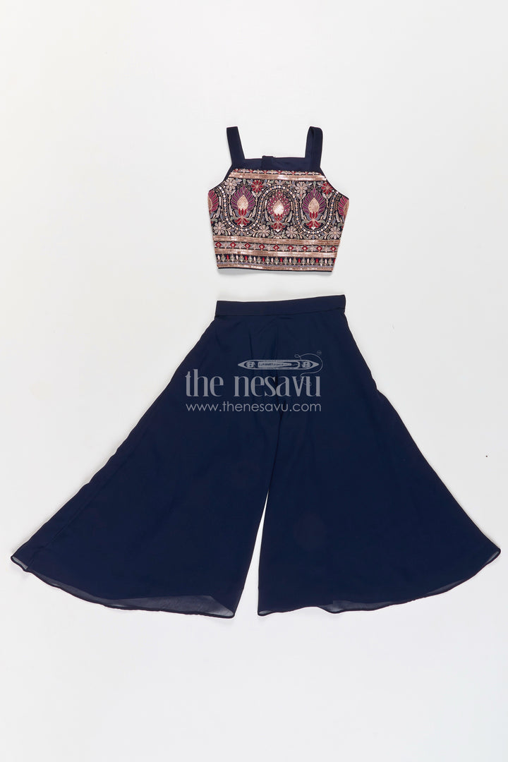 The Nesavu Girls Sharara / Plazo Set Girls Party Wear Western Dresses in Georgette with Designer Embroidered Jacket and Wide Leg Plazo Nesavu Girls Western Party Wear Georgette Dress Embroidered Jacket Palazzo Pants | The Nesavu