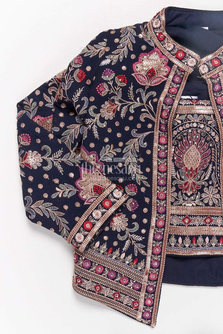 The Nesavu Girls Sharara / Plazo Set Girls Party Wear Western Dresses in Georgette with Designer Embroidered Jacket and Wide Leg Plazo Nesavu Girls Western Party Wear Georgette Dress Embroidered Jacket Palazzo Pants | The Nesavu