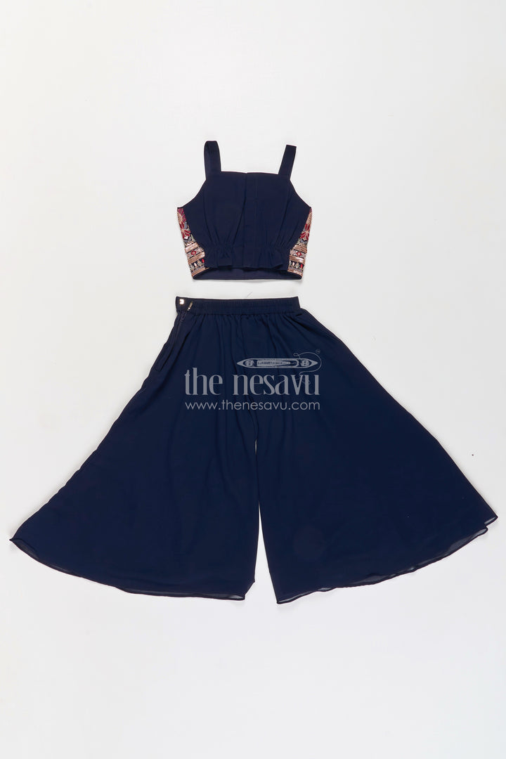 The Nesavu Girls Sharara / Plazo Set Girls Party Wear Western Dresses in Georgette with Designer Embroidered Jacket and Wide Leg Plazo Nesavu Girls Western Party Wear Georgette Dress Embroidered Jacket Palazzo Pants | The Nesavu