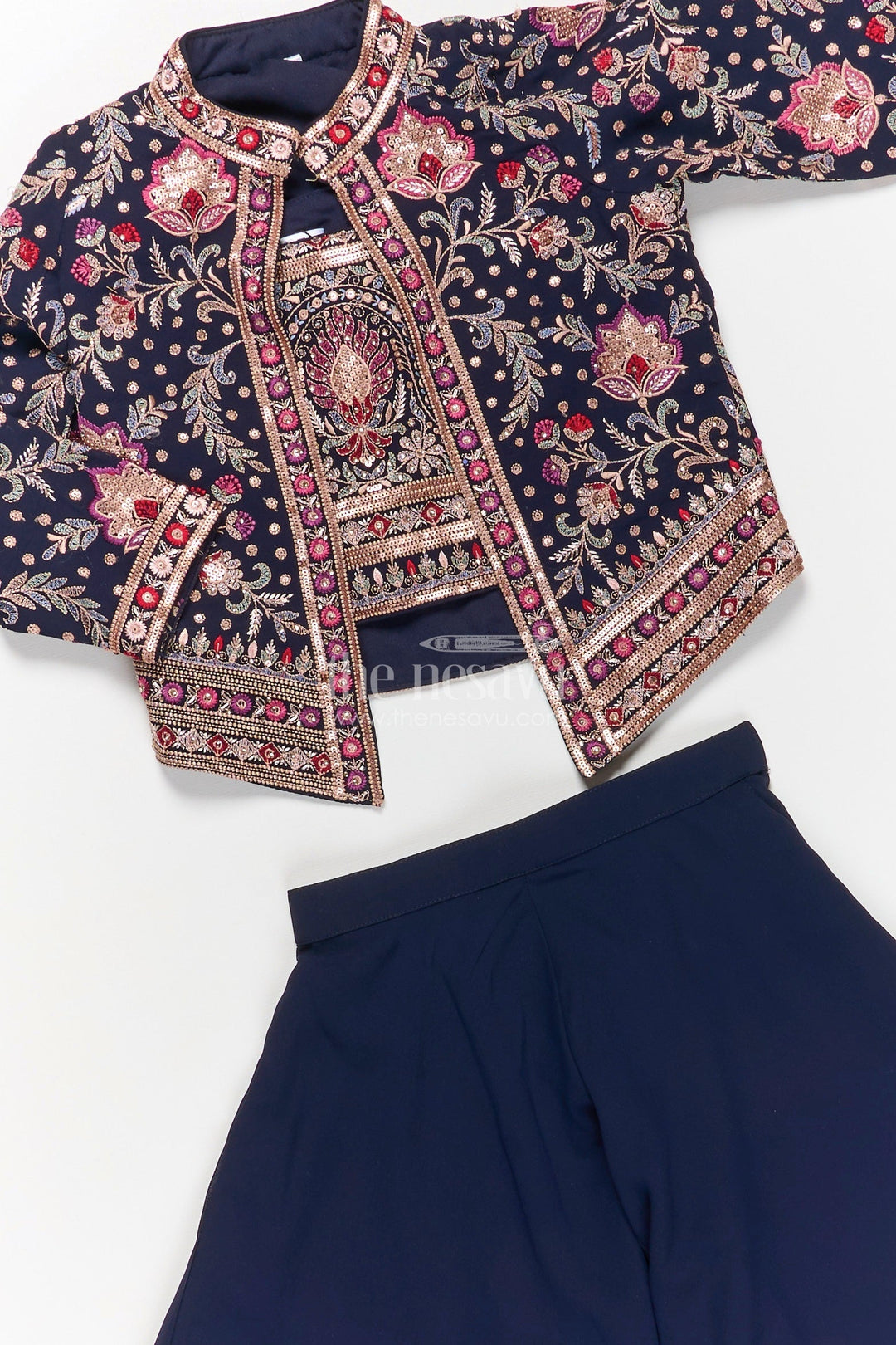 The Nesavu Girls Sharara / Plazo Set Girls Party Wear Western Dresses in Georgette with Designer Embroidered Jacket and Wide Leg Plazo Nesavu Girls Western Party Wear Georgette Dress Embroidered Jacket Palazzo Pants | The Nesavu