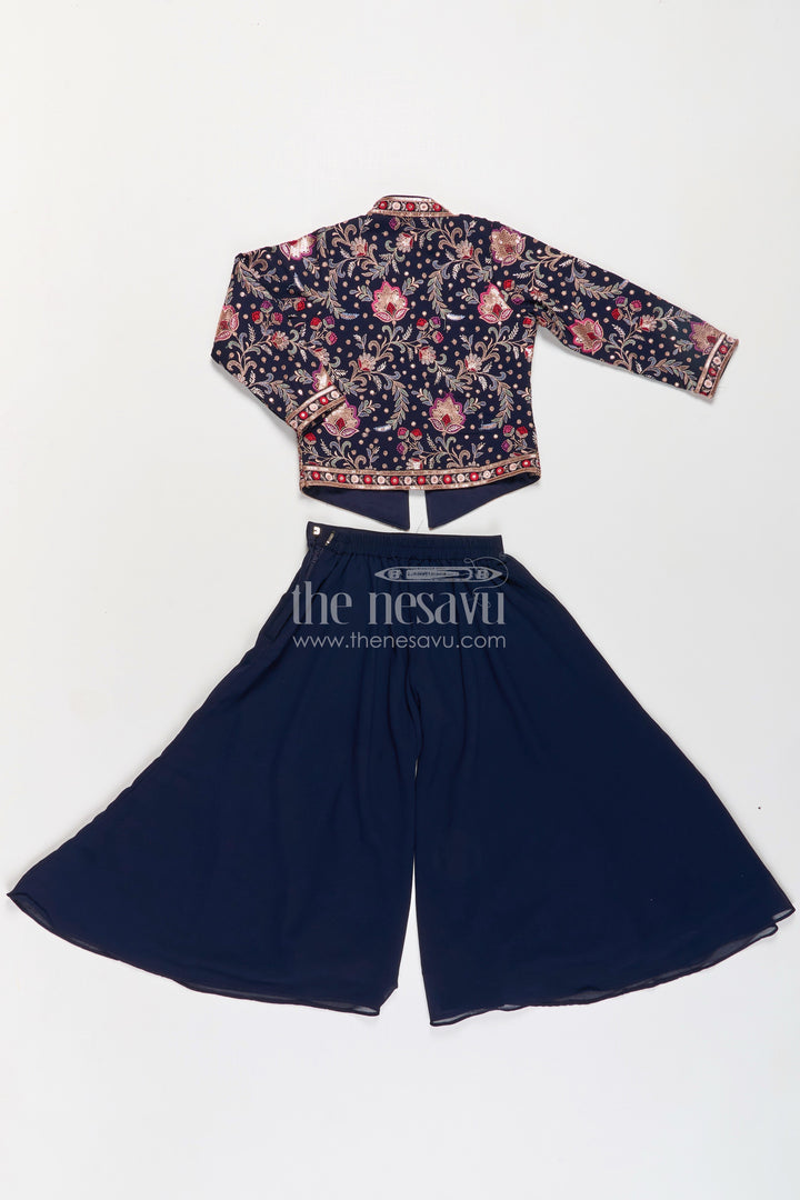 The Nesavu Girls Sharara / Plazo Set Girls Party Wear Western Dresses in Georgette with Designer Embroidered Jacket and Wide Leg Plazo Nesavu Girls Western Party Wear Georgette Dress Embroidered Jacket Palazzo Pants | The Nesavu