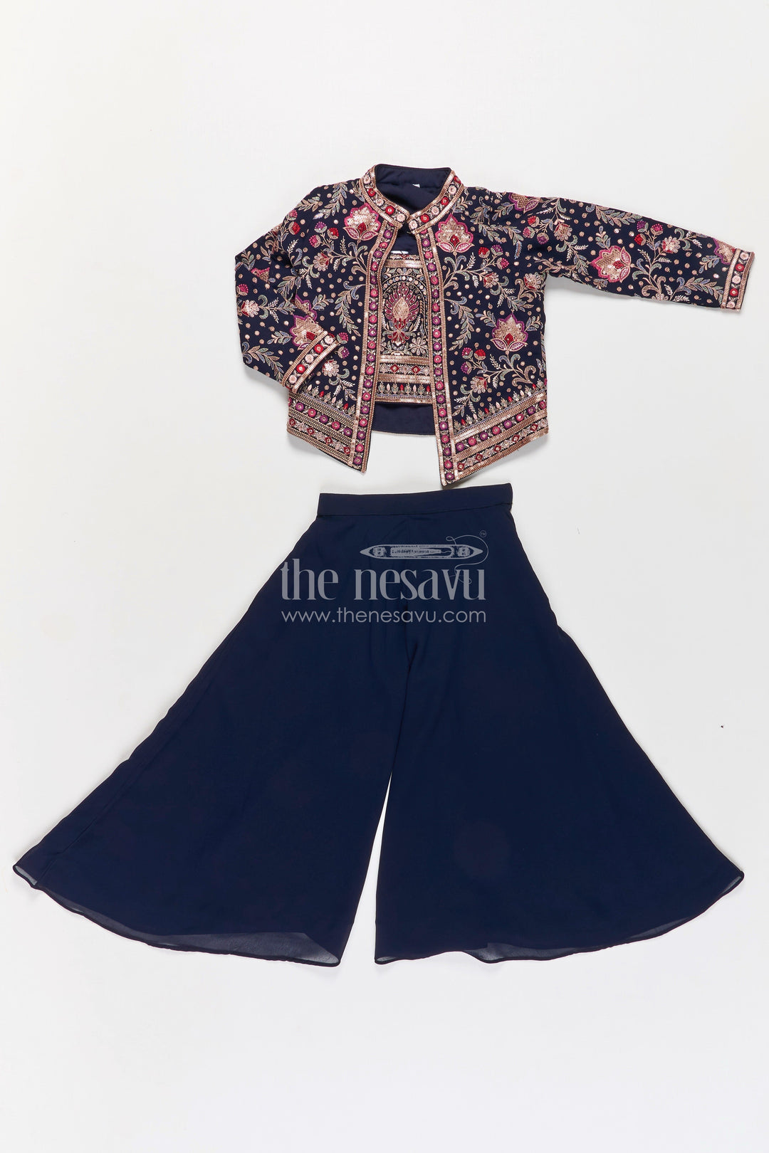 The Nesavu Girls Sharara / Plazo Set Girls Party Wear Western Dresses in Georgette with Designer Embroidered Jacket and Wide Leg Plazo Nesavu Girls Western Party Wear Georgette Dress Embroidered Jacket Palazzo Pants | The Nesavu