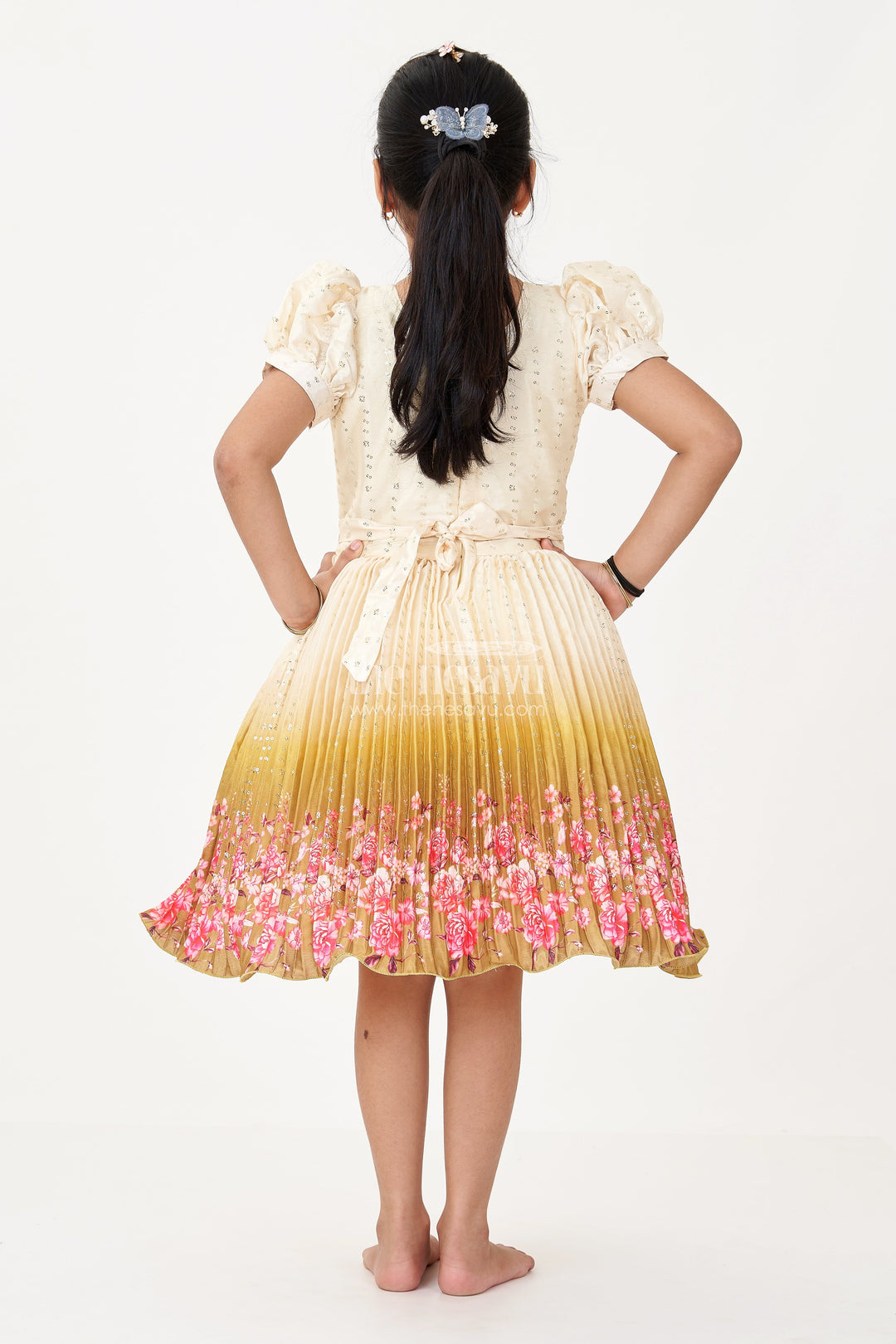 The Nesavu Silk Frock Girls Partywear Frock in Chinon Silk with Floral Digital Print Border and Embellished Puff Sleeves Nesavu Girls Partywear Frock Chinon Silk Embellished Top Floral Digital Print Border | The Nesavu