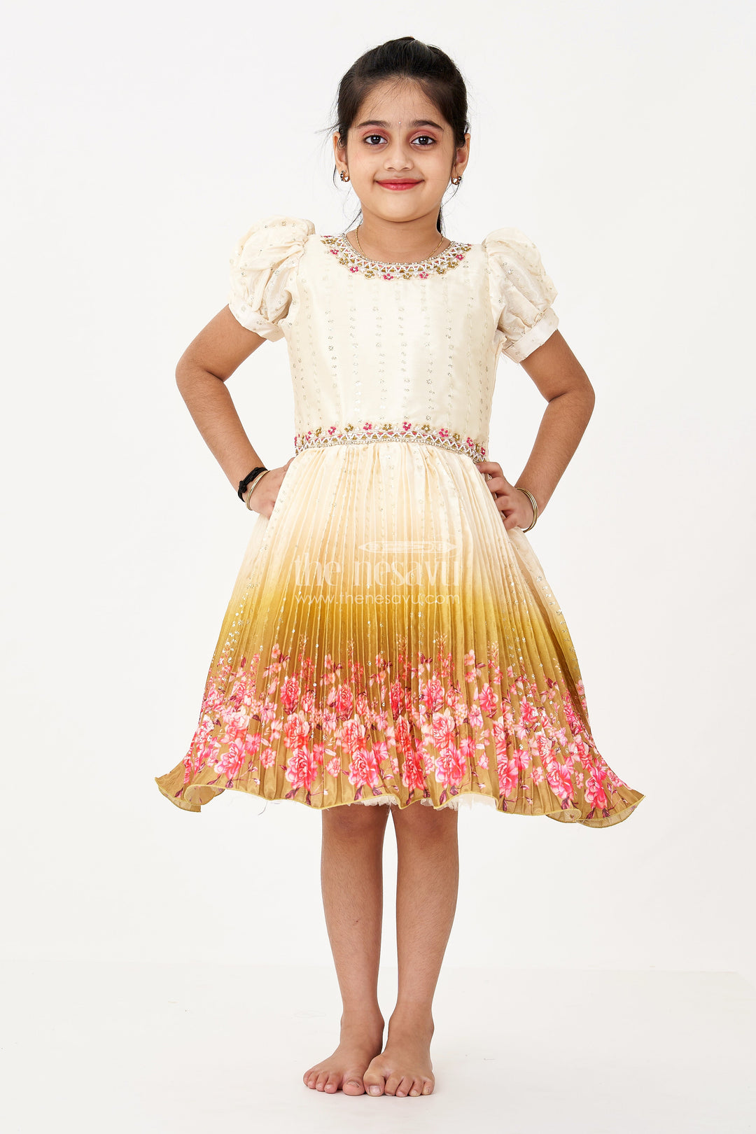 The Nesavu Silk Frock Girls Partywear Frock in Chinon Silk with Floral Digital Print Border and Embellished Puff Sleeves Nesavu Girls Partywear Frock Chinon Silk Embellished Top Floral Digital Print Border | The Nesavu