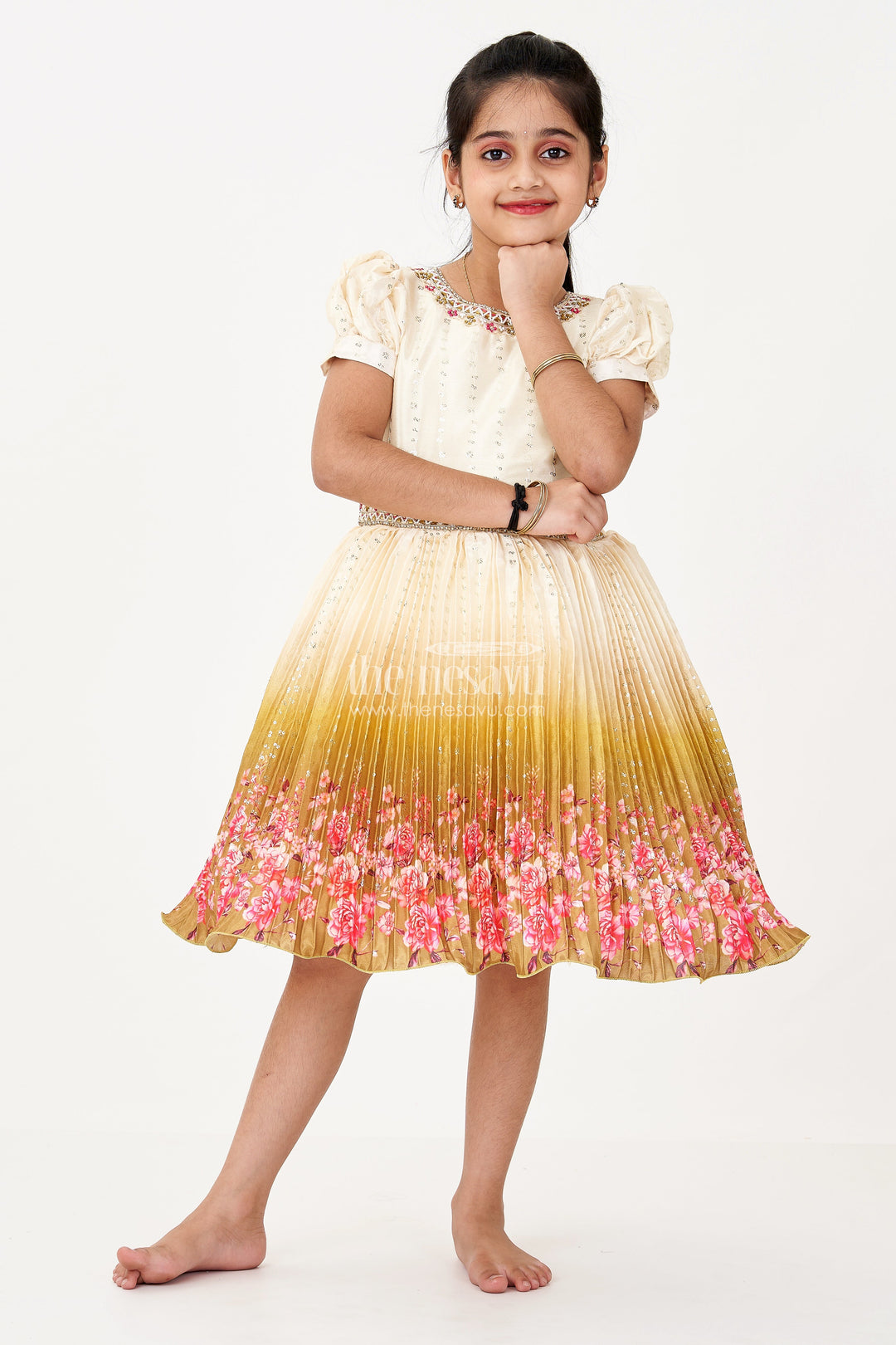 The Nesavu Silk Frock Girls Partywear Frock in Chinon Silk with Floral Digital Print Border and Embellished Puff Sleeves Nesavu Girls Partywear Frock Chinon Silk Embellished Top Floral Digital Print Border | The Nesavu