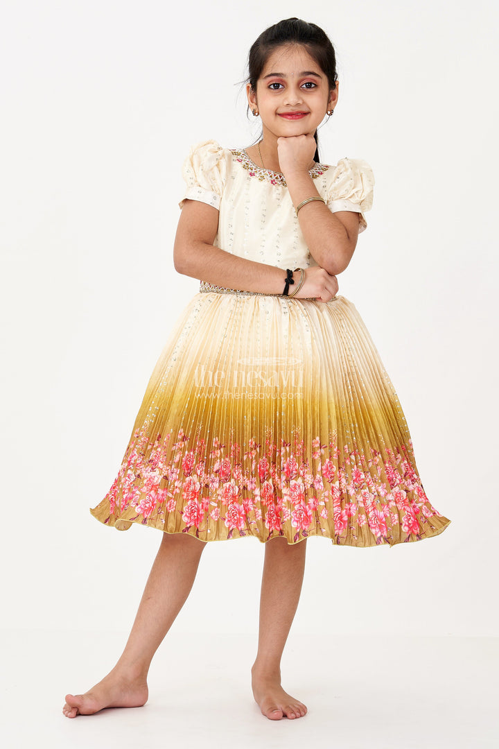The Nesavu Silk Frock Girls Partywear Frock in Chinon Silk with Floral Digital Print Border and Embellished Puff Sleeves Nesavu Girls Partywear Frock Chinon Silk Embellished Top Floral Digital Print Border | The Nesavu