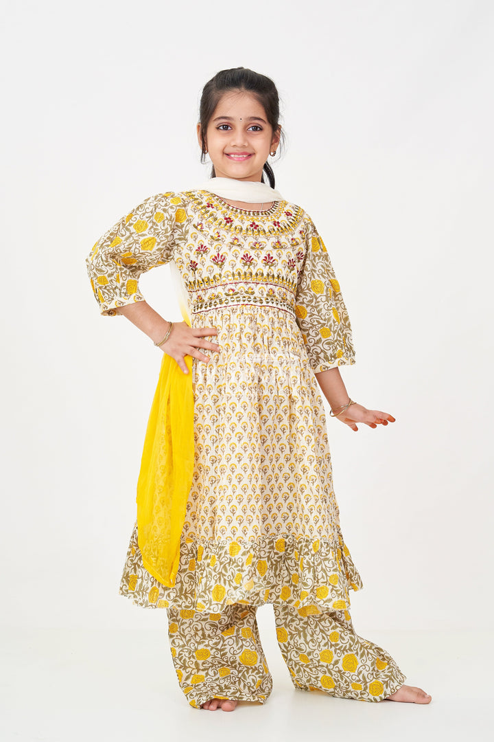 The Nesavu Girls Sharara / Plazo Set Girls Partywear Sharara Set in Yellow Floral Cotton with Mirror and Thread Embroidery Accents Nesavu 24 (5Y) / Beige GPS594A-24 Girls Partywear Sharara Set with Mirror Embroidery and Yellow Floral Printed Cotton Co-Ord Look | The Nesavu