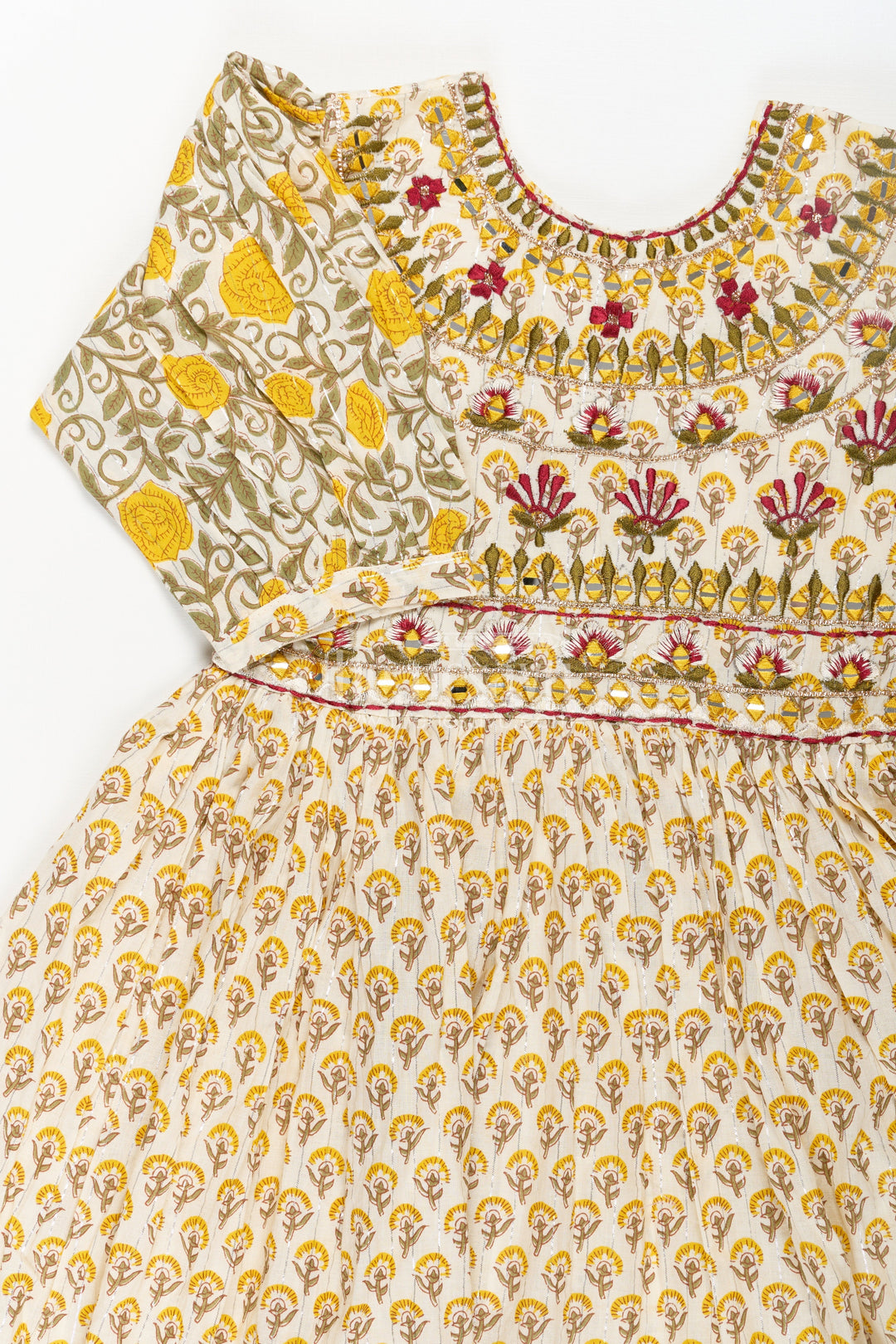 The Nesavu Girls Sharara / Plazo Set Girls Partywear Sharara Set in Yellow Floral Cotton with Mirror and Thread Embroidery Accents Nesavu Girls Partywear Sharara Set with Mirror Embroidery and Yellow Floral Printed Cotton Co-Ord Look | The Nesavu