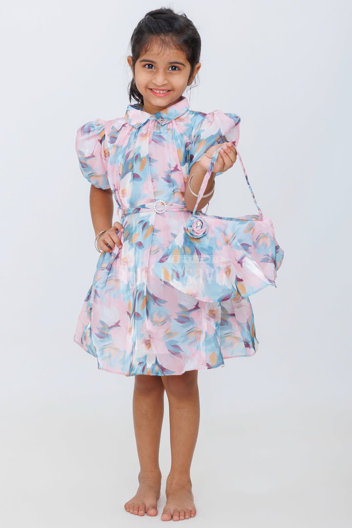 The Nesavu Girls Fancy Frock Girls Pastel Floral Fancy Mini Dress with Puffed Sleeves and Belted Waist for Summer Parties Nesavu Nesavu Girls Pastel Floral Fancy Mini Dress Puffed Sleeves Belt Summer Events