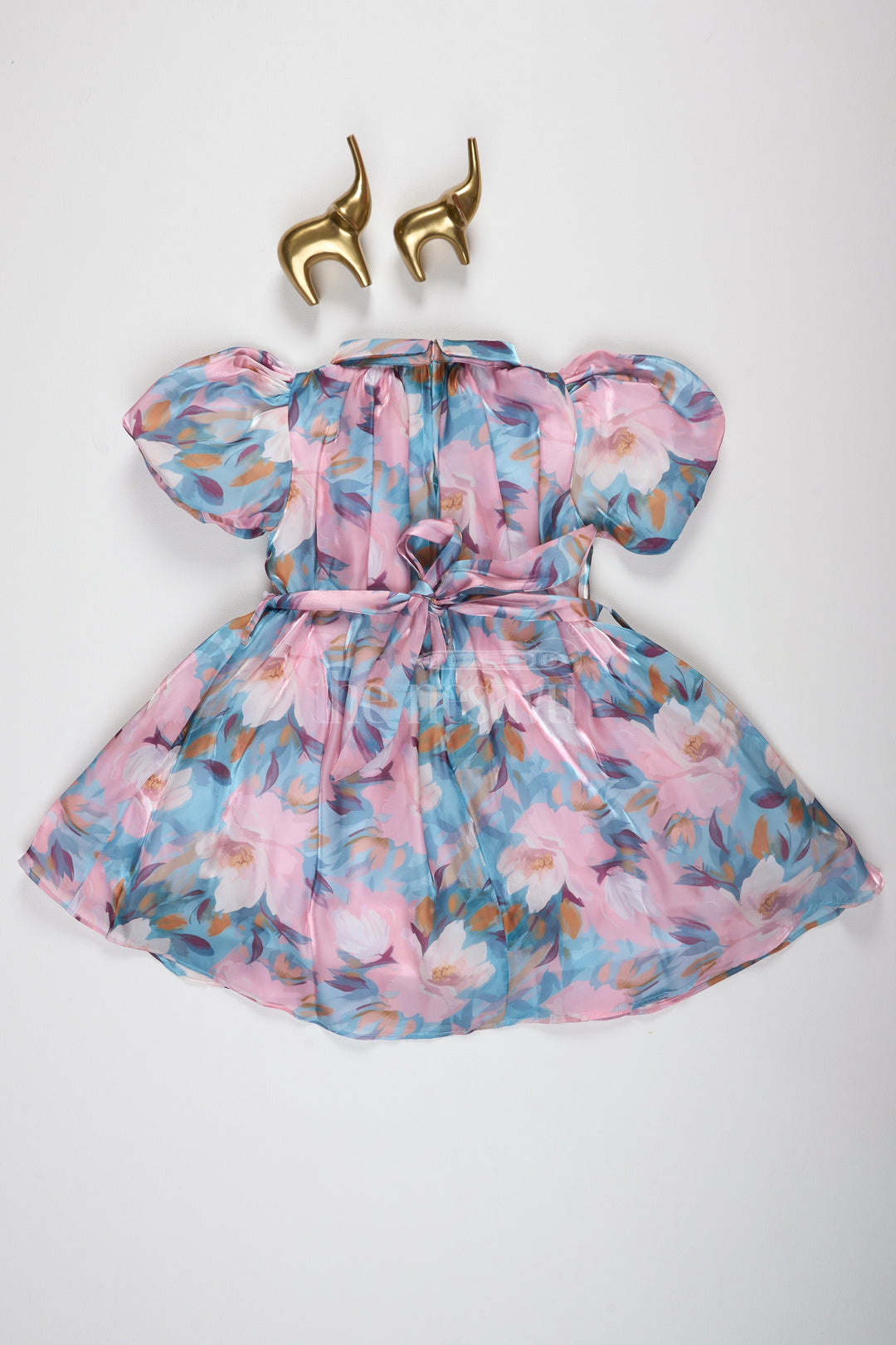 The Nesavu Girls Fancy Frock Girls Pastel Floral Fancy Mini Dress with Puffed Sleeves and Belted Waist for Summer Parties Nesavu Nesavu Girls Pastel Floral Fancy Mini Dress Puffed Sleeves Belt Summer Events