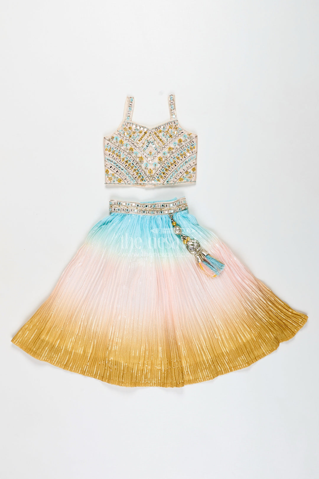 The Nesavu Girls Lehenga Choli Girls Pastel Ombre Lehenga Choli Set with Mirror-Embroidered Blouse Nesavu 16 (1Y) / Cream GL809A-16 Nesavu Girls Pastel Ombre Lehenga Choli Mirror Embroidery Festive Ethnic Set