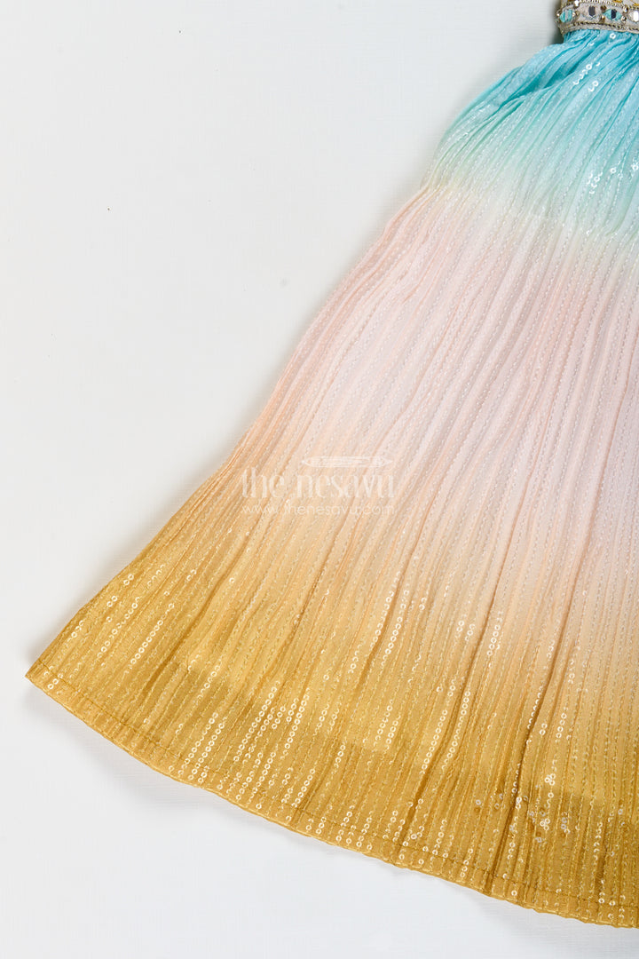The Nesavu Girls Lehenga Choli Girls Pastel Ombre Lehenga Choli Set with Mirror-Embroidered Blouse Nesavu Nesavu Girls Pastel Ombre Lehenga Choli Mirror Embroidery Festive Ethnic Set