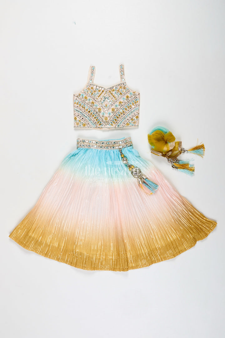 The Nesavu Girls Lehenga Choli Girls Pastel Ombre Lehenga Choli Set with Mirror-Embroidered Blouse Nesavu Nesavu Girls Pastel Ombre Lehenga Choli Mirror Embroidery Festive Ethnic Set
