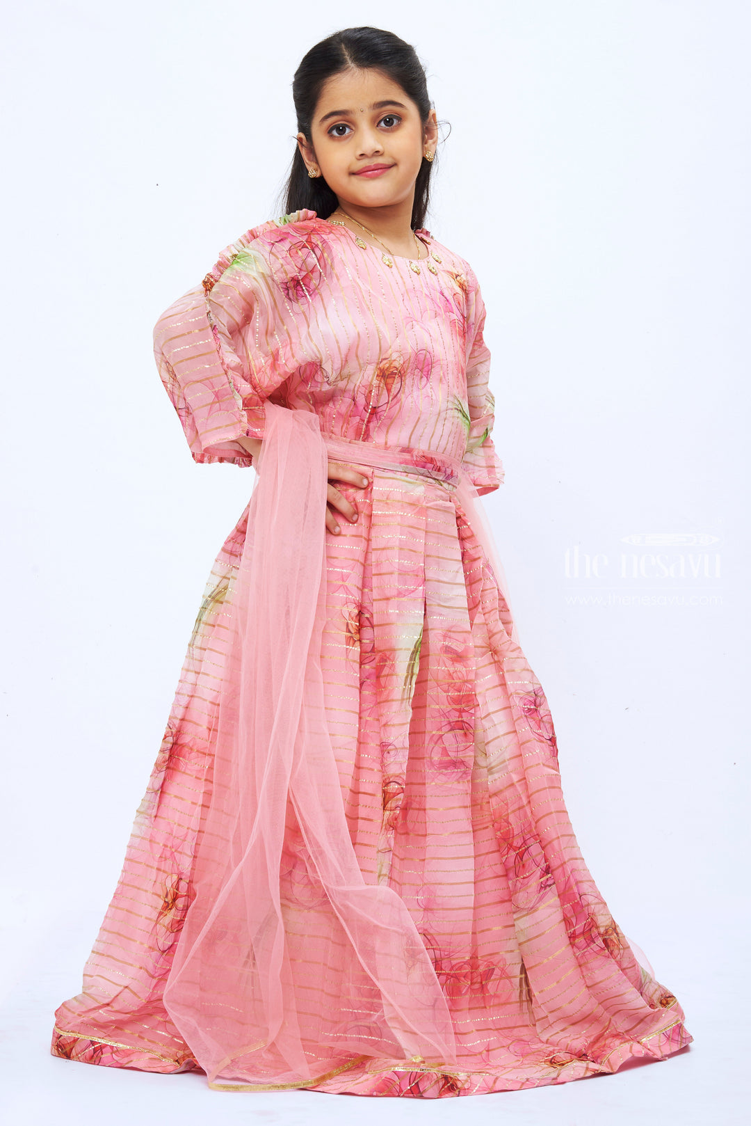 The Nesavu Girls Lehenga Choli Girls Pastel Pink Crop Top Lehenga with Floral Sheer Dupatta  Elegant Party Wear Nesavu Floral lehenga with dupatta | Birthday lehenga set for girls | The Nesavu