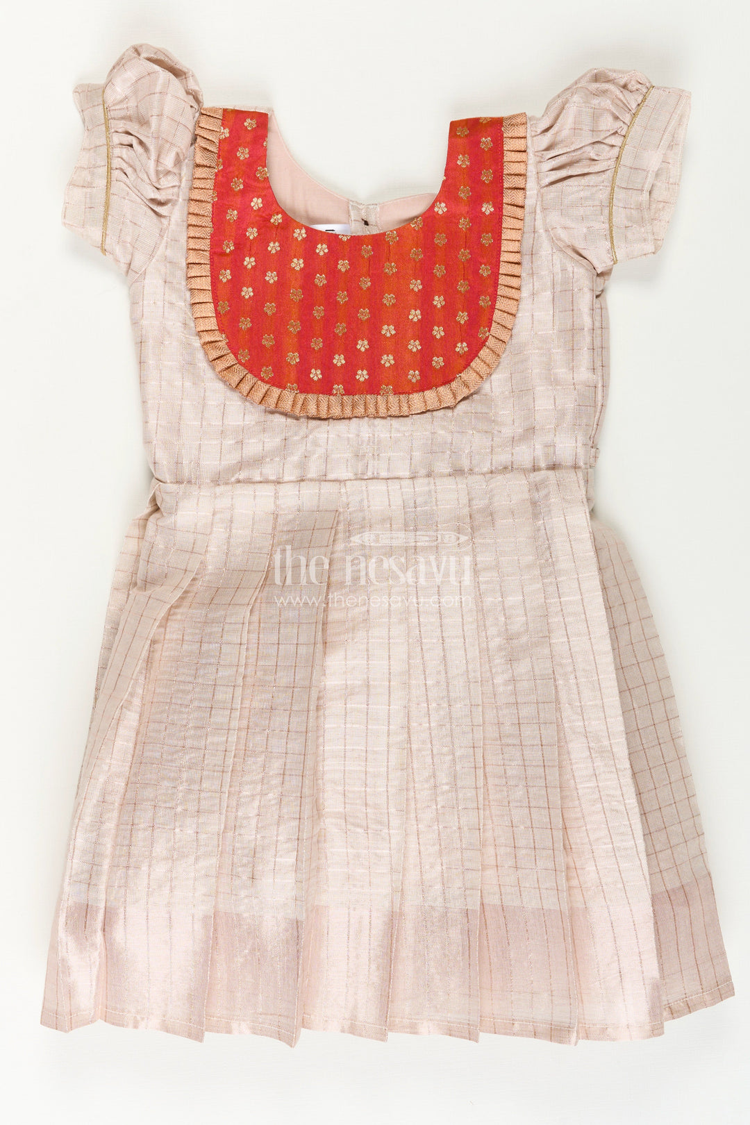 The Nesavu Silk Frock Girls Pattu Designs in Beige Silk with Red Semi Banaras Yoke and Pleated Finish Nesavu 16 (1Y) / Cream SF1007A-16 Nesavu Girls Pattu Designs Beige Silk Frock Red Banaras Embellished Yoke Pleated Style