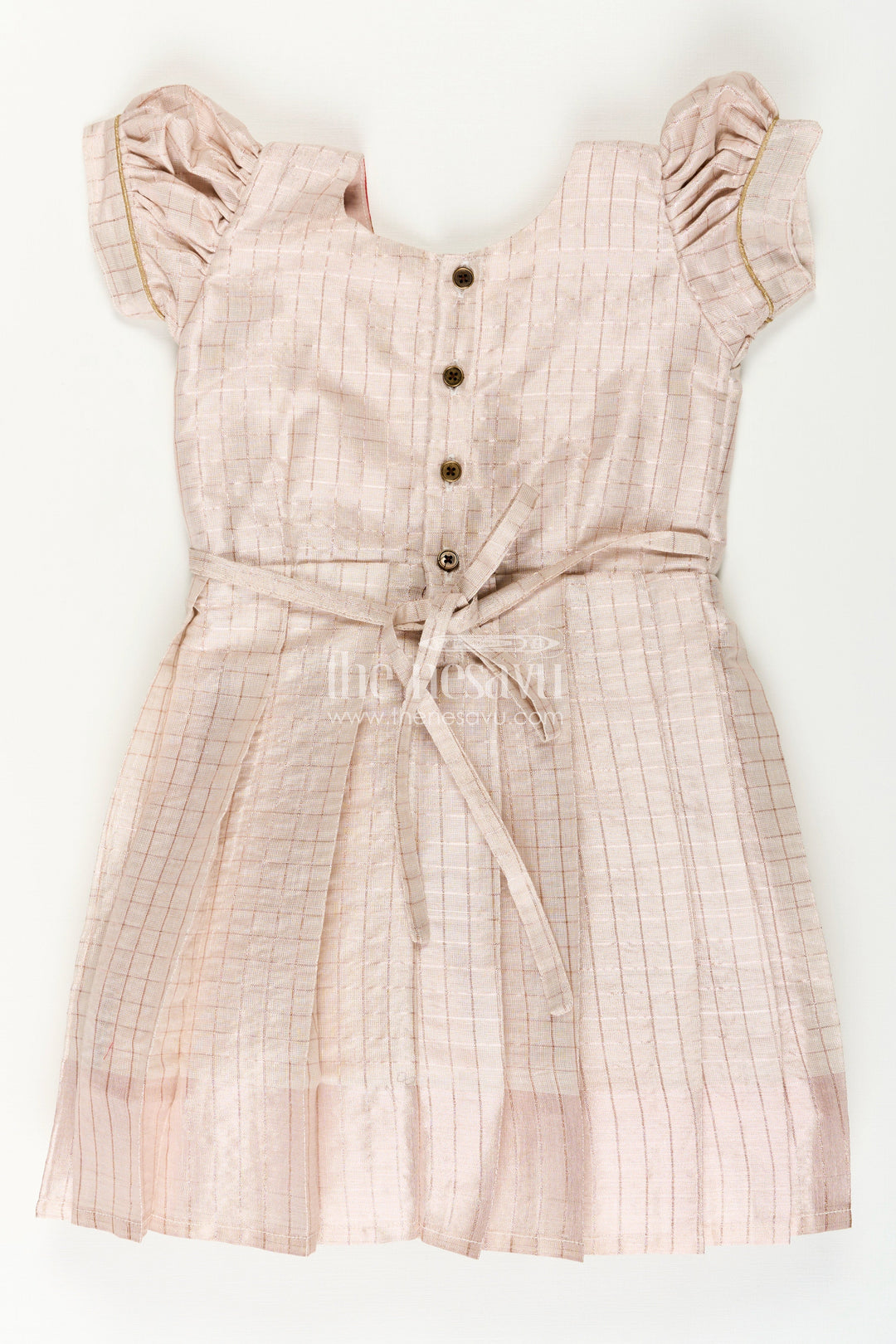 The Nesavu Silk Frock Girls Pattu Designs in Beige Silk with Red Semi Banaras Yoke and Pleated Finish Nesavu Nesavu Girls Pattu Designs Beige Silk Frock Red Banaras Embellished Yoke Pleated Style