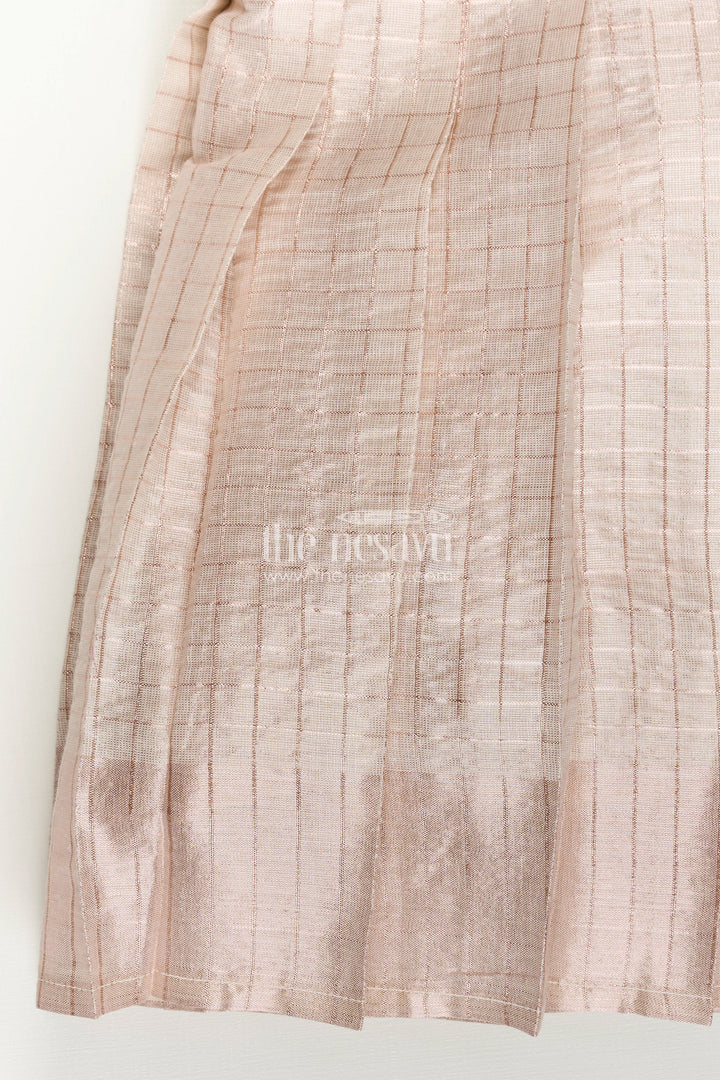 The Nesavu Silk Frock Girls Pattu Designs in Beige Silk with Red Semi Banaras Yoke and Pleated Finish Nesavu Nesavu Girls Pattu Designs Beige Silk Frock Red Banaras Embellished Yoke Pleated Style