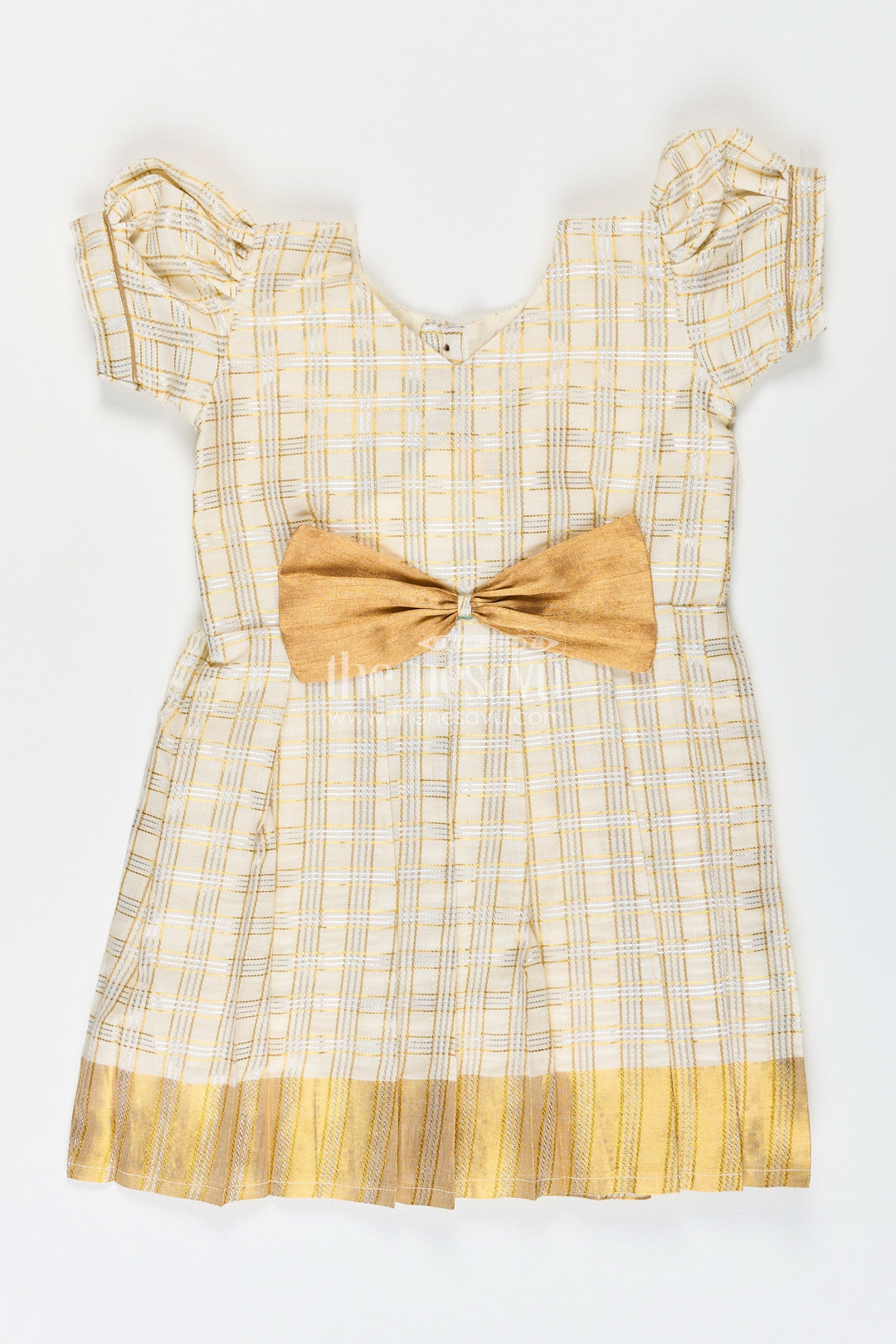 The Nesavu Silk Frock Girls Pattu Frock in Beige Tissue with Gold Bow and Checked Design for Festive Elegance Nesavu 16 (1Y) / Cream SF1010A-16 Nesavu Girls Pattu Frock Beige Silk Gold Checked Weave Bow Embellishment
