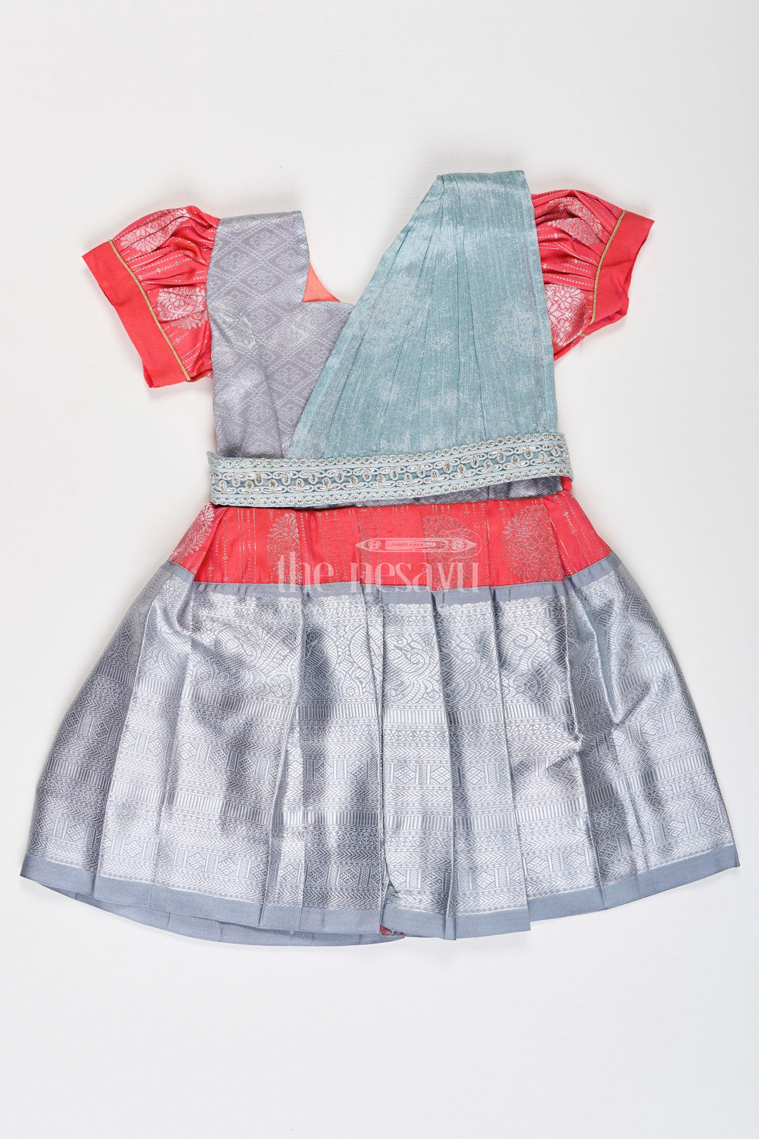 The Nesavu Girls Kanchi Silk Frock Girls Pattu Frock Model in Blue Semi Kanchivaram Silk with Red Accents and Lace Embellished Dupatta Nesavu 16 (1Y) / Gray / Style 4 SF860CD-16 Nesavu Girls Pattu Frock Model in Blue Semi Kanchivaram Silk with Red Accents and Embroidered Dupatta