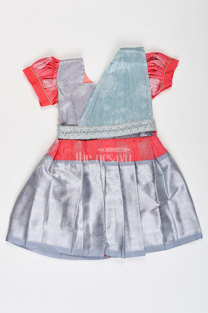 The Nesavu Girls Kanchi Silk Frock Girls Pattu Frock Model in Blue Semi Kanchivaram Silk with Red Accents and Lace Embellished Dupatta Nesavu 16 (1Y) / Gray / Style 4 SF860CD-16 Nesavu Girls Pattu Frock Model in Blue Semi Kanchivaram Silk with Red Accents and Embroidered Dupatta