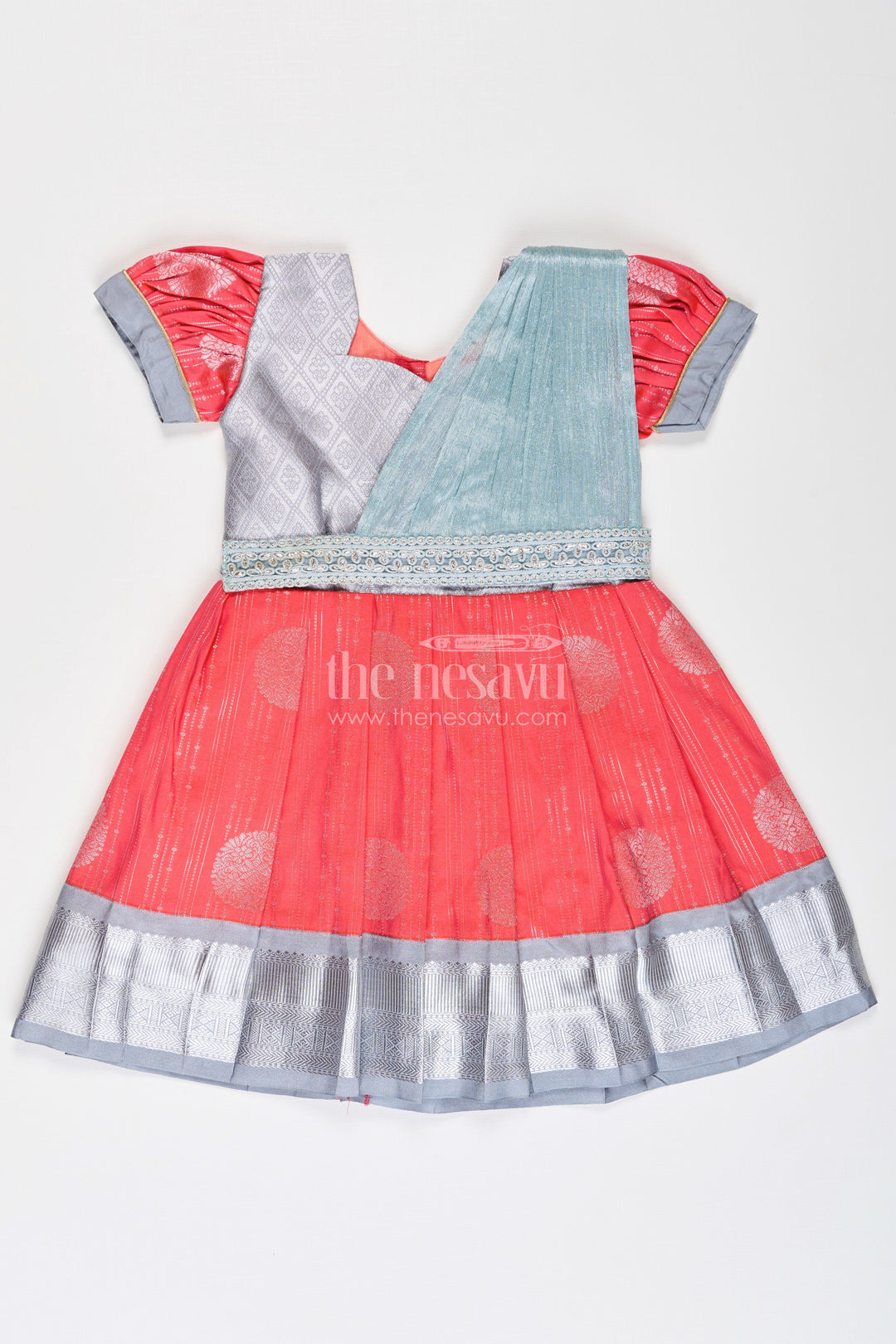 The Nesavu Girls Kanchi Silk Frock Girls Pattu Frock Model in Blue Semi Kanchivaram Silk with Red Accents and Lace Embellished Dupatta Nesavu 18 (2Y) / Gray / Style 7 SF860CG-18 Nesavu Girls Pattu Frock Model in Blue Semi Kanchivaram Silk with Red Accents and Embroidered Dupatta