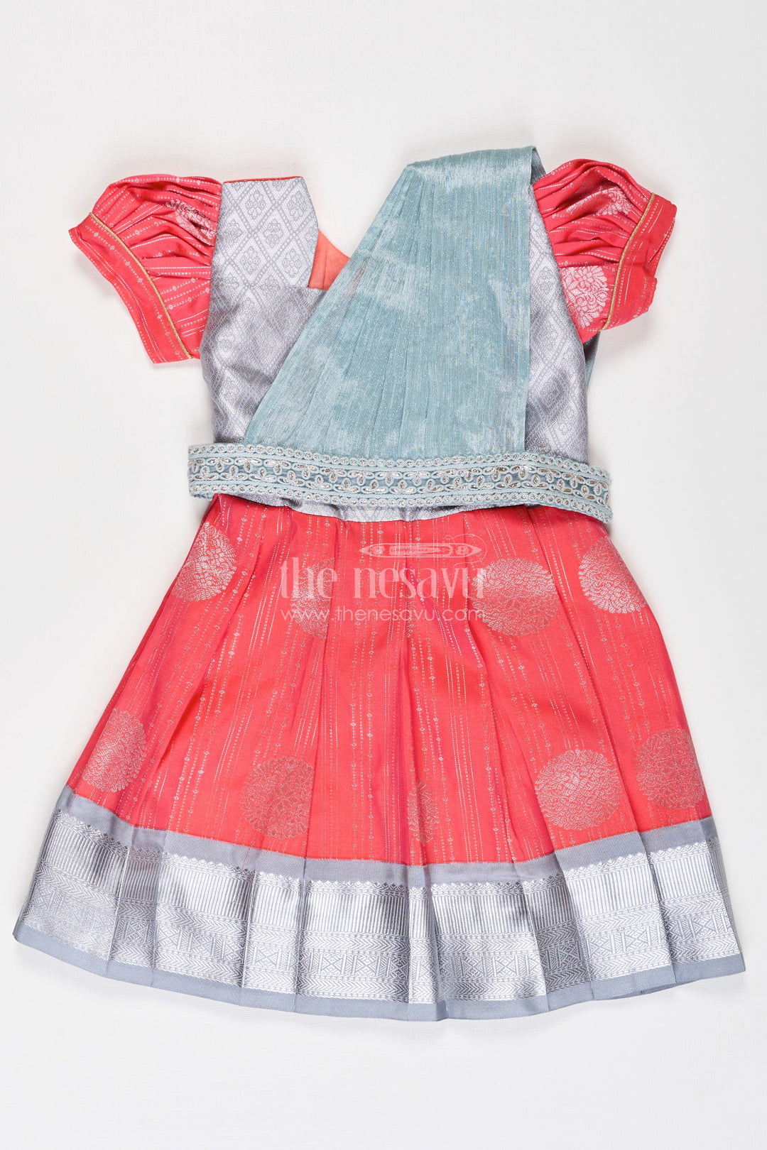 The Nesavu Girls Kanchi Silk Frock Girls Pattu Frock Model in Blue Semi Kanchivaram Silk with Red Accents and Lace Embellished Dupatta Nesavu 18 (2Y) / Gray / Style 9 SF860CI-18 Nesavu Girls Pattu Frock Model in Blue Semi Kanchivaram Silk with Red Accents and Embroidered Dupatta