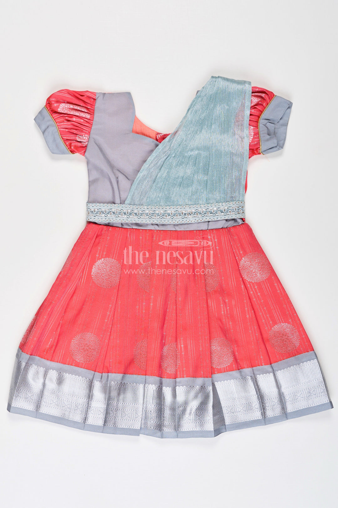 The Nesavu Girls Kanchi Silk Frock Girls Pattu Frock Model in Blue Semi Kanchivaram Silk with Red Accents and Lace Embellished Dupatta Nesavu 20 (3Y) / Gray / Style 8 SF860CH-20 Nesavu Girls Pattu Frock Model in Blue Semi Kanchivaram Silk with Red Accents and Embroidered Dupatta