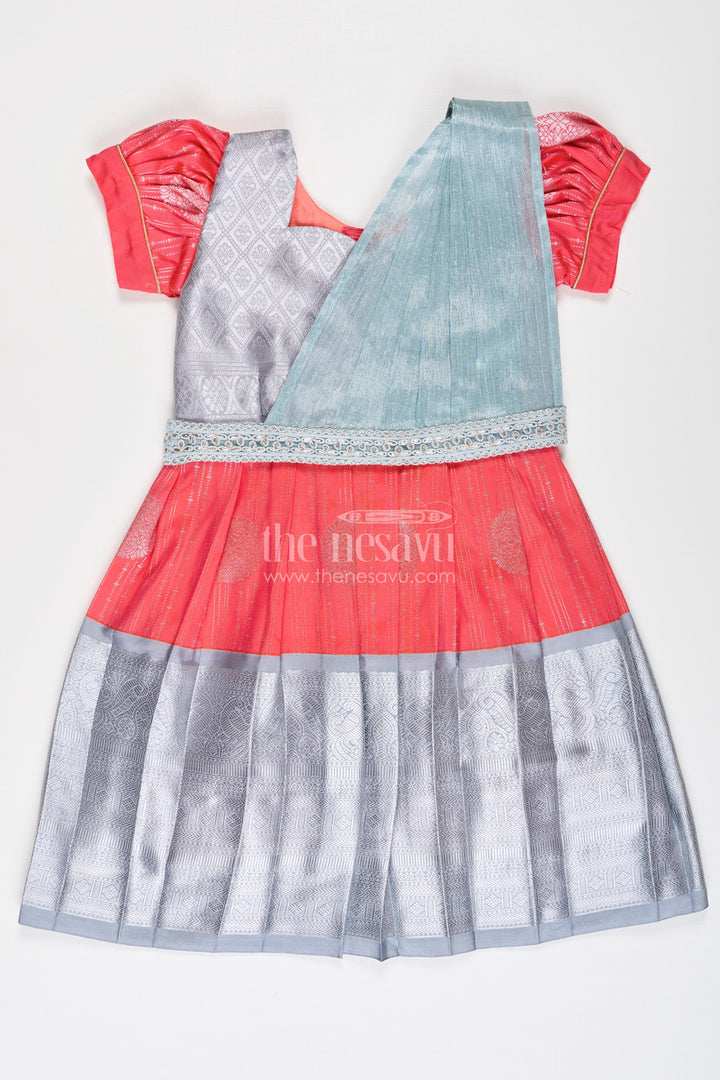 The Nesavu Girls Kanchi Silk Frock Girls Pattu Frock Model in Blue Semi Kanchivaram Silk with Red Accents and Lace Embellished Dupatta Nesavu 22 (4Y) / Gray / Style 5 SF860CE-22 Nesavu Girls Pattu Frock Model in Blue Semi Kanchivaram Silk with Red Accents and Embroidered Dupatta