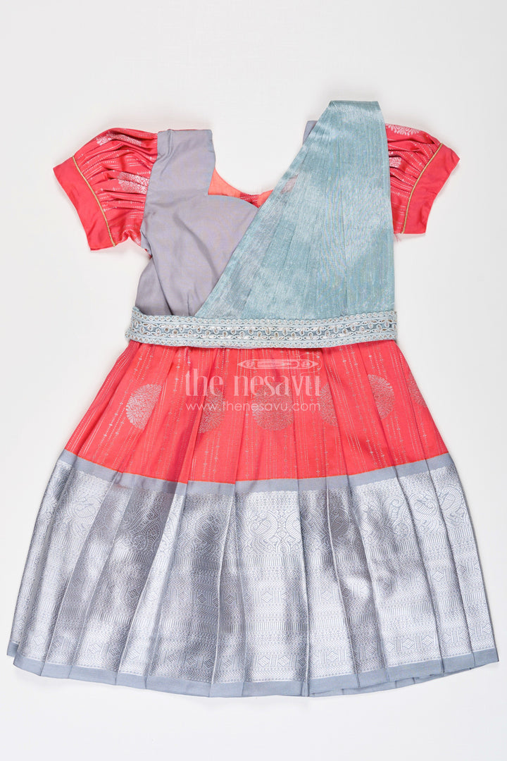 The Nesavu Girls Kanchi Silk Frock Girls Pattu Frock Model in Blue Semi Kanchivaram Silk with Red Accents and Lace Embellished Dupatta Nesavu 22 (4Y) / Gray / Style 6 SF860CF-22 Nesavu Girls Pattu Frock Model in Blue Semi Kanchivaram Silk with Red Accents and Embroidered Dupatta