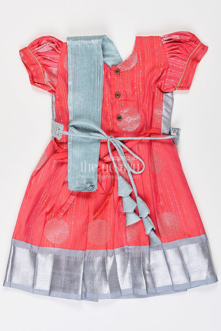 The Nesavu Girls Kanchi Silk Frock Girls Pattu Frock Model in Blue Semi Kanchivaram Silk with Red Accents and Lace Embellished Dupatta Nesavu Nesavu Girls Pattu Frock Model in Blue Semi Kanchivaram Silk with Red Accents and Embroidered Dupatta