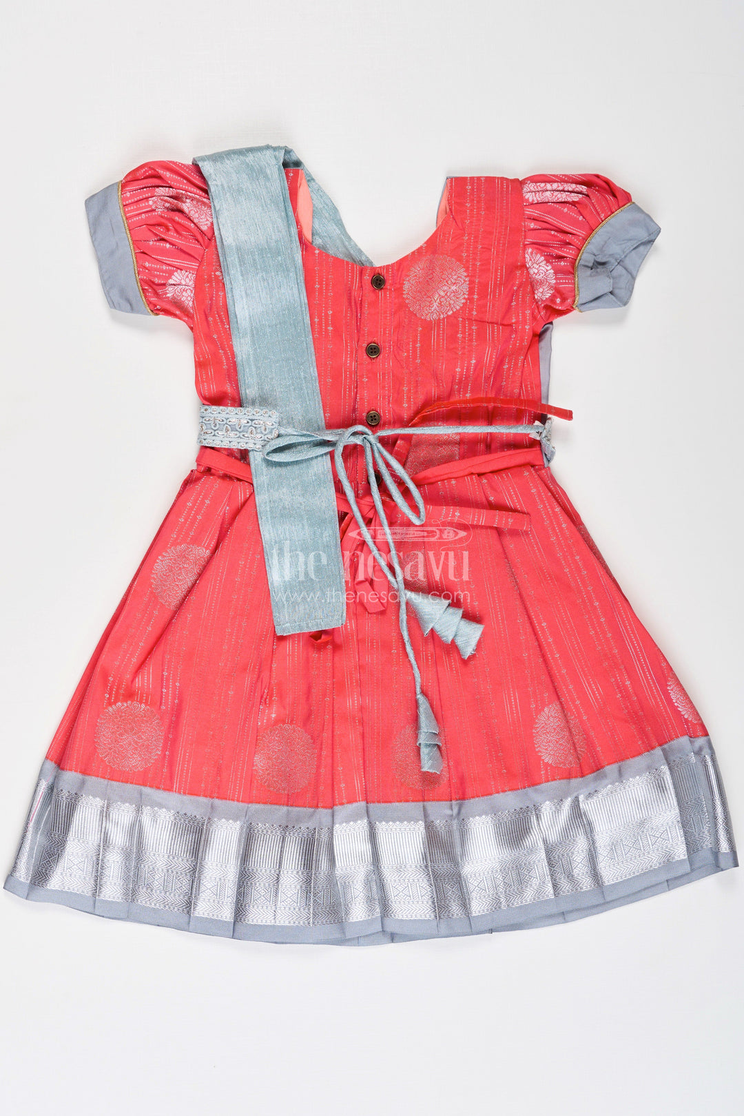 The Nesavu Girls Kanchi Silk Frock Girls Pattu Frock Model in Blue Semi Kanchivaram Silk with Red Accents and Lace Embellished Dupatta Nesavu Nesavu Girls Pattu Frock Model in Blue Semi Kanchivaram Silk with Red Accents and Embroidered Dupatta