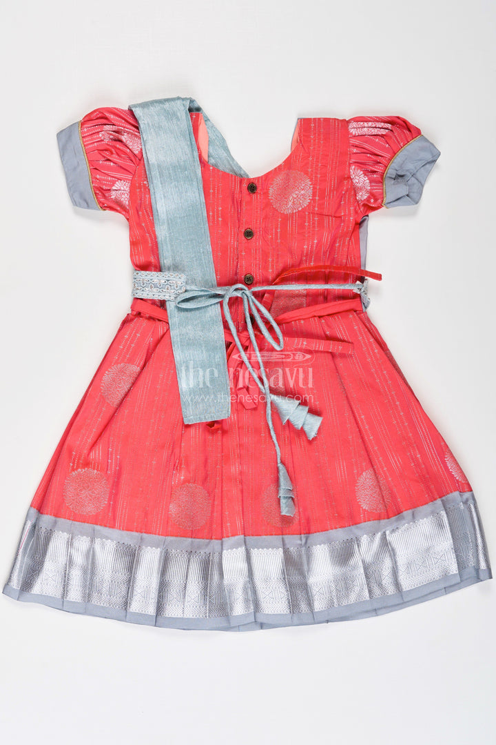 The Nesavu Girls Kanchi Silk Frock Girls Pattu Frock Model in Blue Semi Kanchivaram Silk with Red Accents and Lace Embellished Dupatta Nesavu Nesavu Girls Pattu Frock Model in Blue Semi Kanchivaram Silk with Red Accents and Embroidered Dupatta