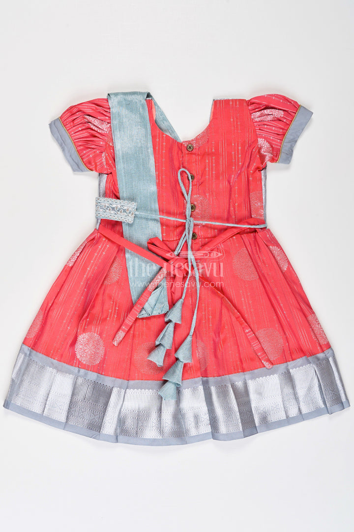 The Nesavu Girls Kanchi Silk Frock Girls Pattu Frock Model in Blue Semi Kanchivaram Silk with Red Accents and Lace Embellished Dupatta Nesavu Nesavu Girls Pattu Frock Model in Blue Semi Kanchivaram Silk with Red Accents and Embroidered Dupatta