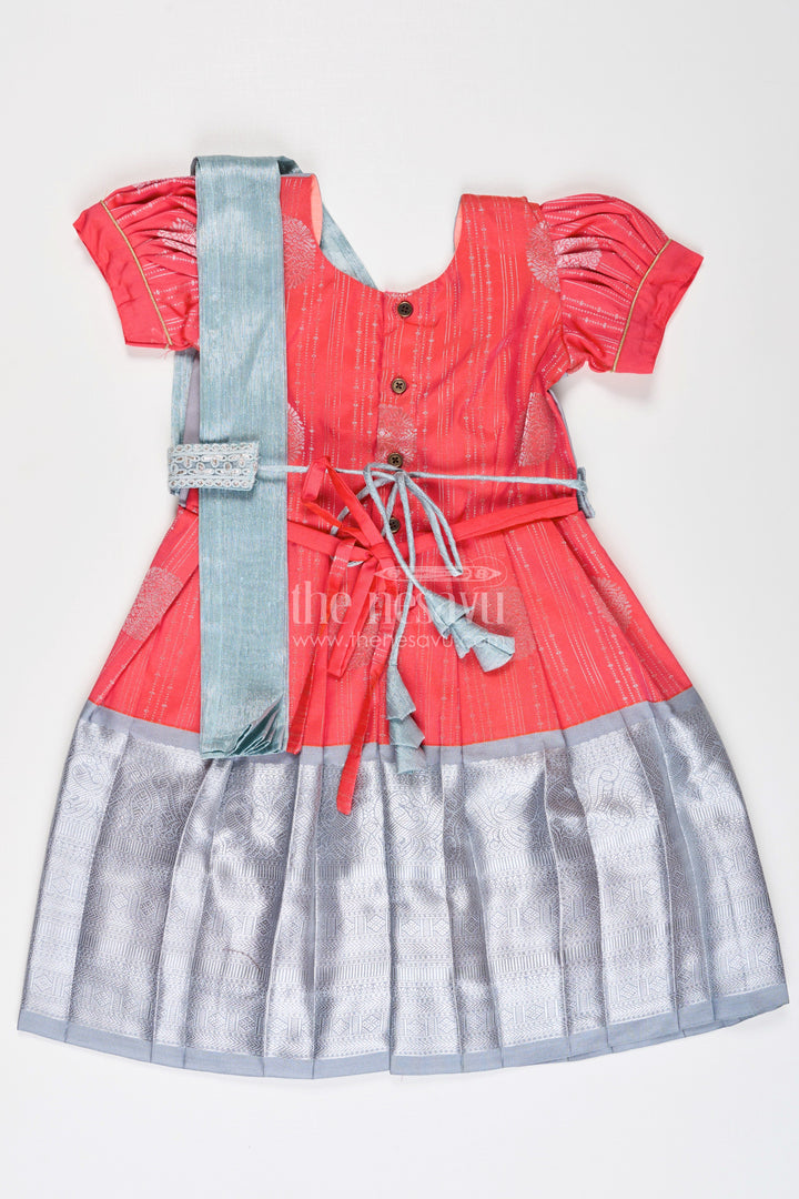 The Nesavu Girls Kanchi Silk Frock Girls Pattu Frock Model in Blue Semi Kanchivaram Silk with Red Accents and Lace Embellished Dupatta Nesavu Nesavu Girls Pattu Frock Model in Blue Semi Kanchivaram Silk with Red Accents and Embroidered Dupatta