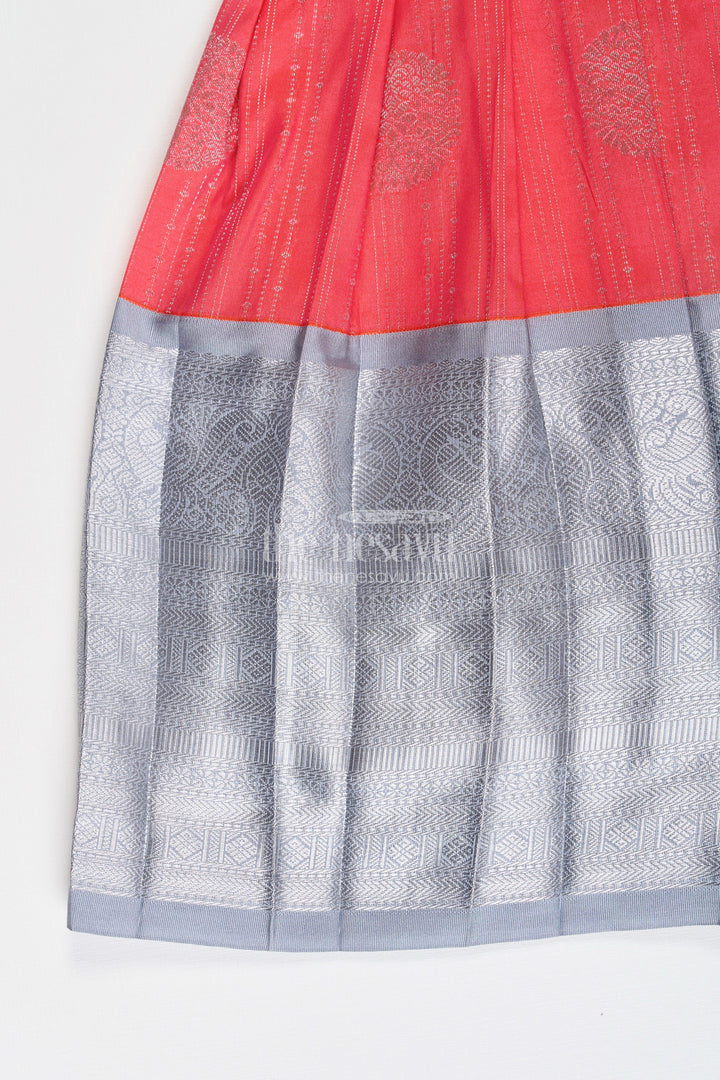 The Nesavu Girls Kanchi Silk Frock Girls Pattu Frock Model in Blue Semi Kanchivaram Silk with Red Accents and Lace Embellished Dupatta Nesavu Nesavu Girls Pattu Frock Model in Blue Semi Kanchivaram Silk with Red Accents and Embroidered Dupatta