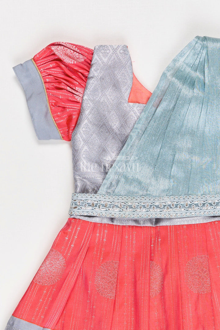 The Nesavu Girls Kanchi Silk Frock Girls Pattu Frock Model in Blue Semi Kanchivaram Silk with Red Accents and Lace Embellished Dupatta Nesavu Nesavu Girls Pattu Frock Model in Blue Semi Kanchivaram Silk with Red Accents and Embroidered Dupatta