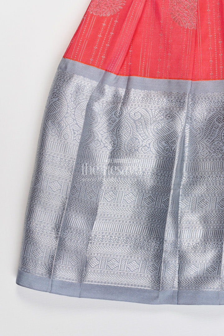 The Nesavu Girls Kanchi Silk Frock Girls Pattu Frock Model in Blue Semi Kanchivaram Silk with Red Accents and Lace Embellished Dupatta Nesavu Nesavu Girls Pattu Frock Model in Blue Semi Kanchivaram Silk with Red Accents and Embroidered Dupatta