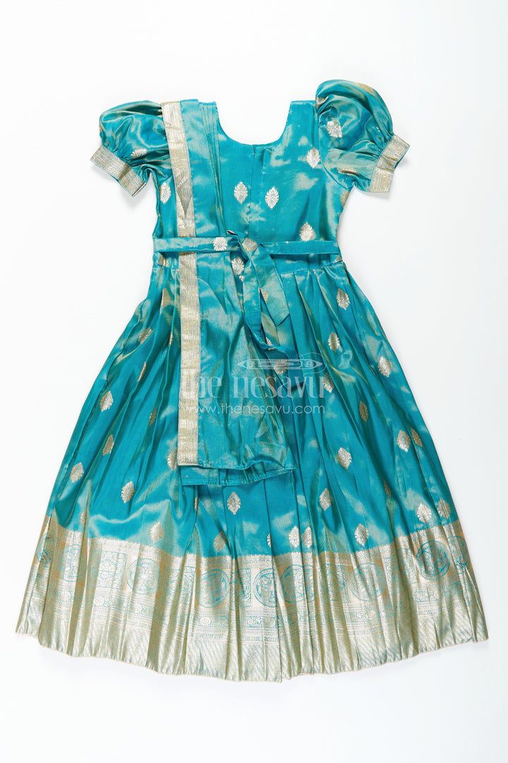 The Nesavu Girls Silk Gown Girls Pattu Gown in Banarasi Silk Blend Jacquard with Zari Big Border and Puff Sleeves for Festive Flair Nesavu Traditional Girls Pattu Gown in Banarasi Silk Blend Jacquard with Zari Border and Puff Sleeves | The Nesavu