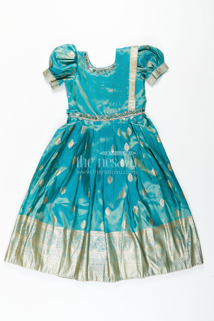 The Nesavu Girls Silk Gown Girls Pattu Gown in Banarasi Silk Blend Jacquard with Zari Big Border and Puff Sleeves for Festive Flair Nesavu Traditional Girls Pattu Gown in Banarasi Silk Blend Jacquard with Zari Border and Puff Sleeves | The Nesavu
