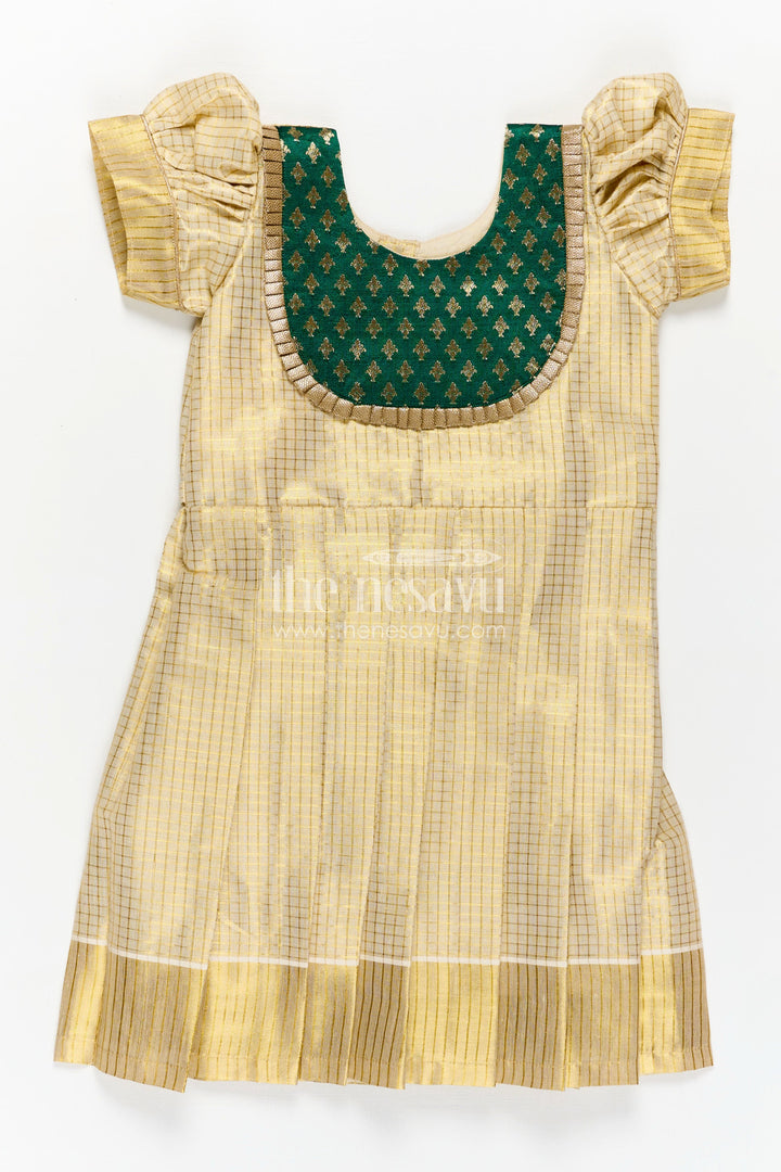 The Nesavu Silk Frock Girls Pattu Long Frock in Yellow Silk with Green Semi Banaras Yoke and Traditional Pleats Nesavu 16 (1Y) / Cream SF1008A-16 Nesavu Girls Pattu Long Frock Yellow Silk Green Banaras Yoke Traditional Pleats